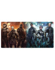 32x16 inches anime mouse pad with armored sci-fi squad, gray tactical suits, masks, sparks and smoke.