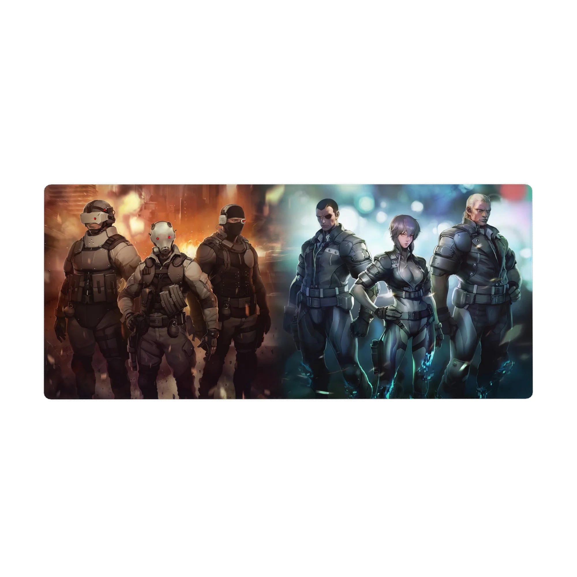 Anime squad armored operatives sci-fi desk pad 36x16 inches with masks, visors, sparks and smoke.
