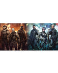 Anime squad armored operatives sci-fi desk pad 36x16 inches with masks, visors, sparks and smoke.