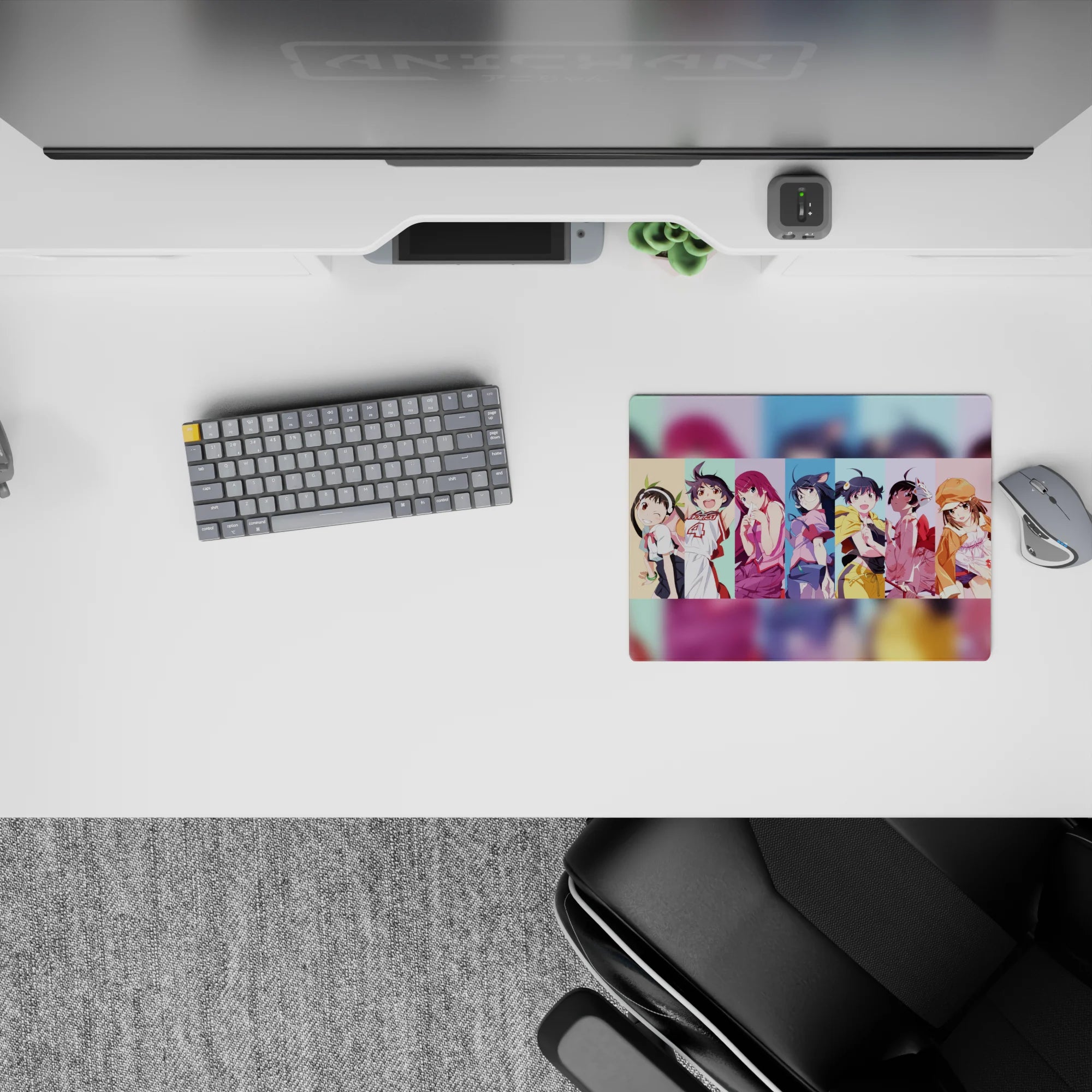 Pastel stripe backdrop anime girl mouse pad 14x10 inches, playful cozy vibe with crisp print.