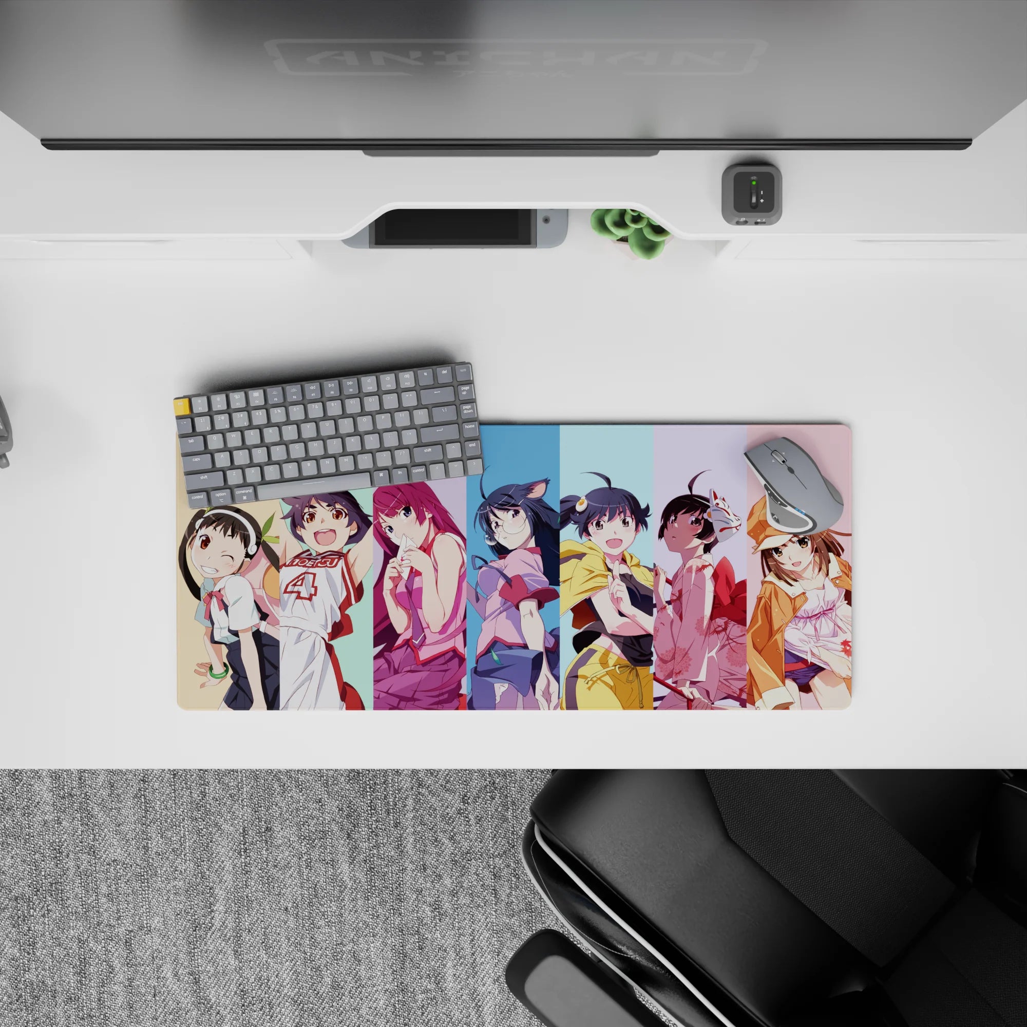 Pastel striped anime girl desk mouse pad with soft cel shading, playful cozy mischievous vibe, 28x12 inches.