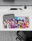 Pastel striped anime girl desk mouse pad with soft cel shading, playful cozy mischievous vibe, 28x12 inches.
