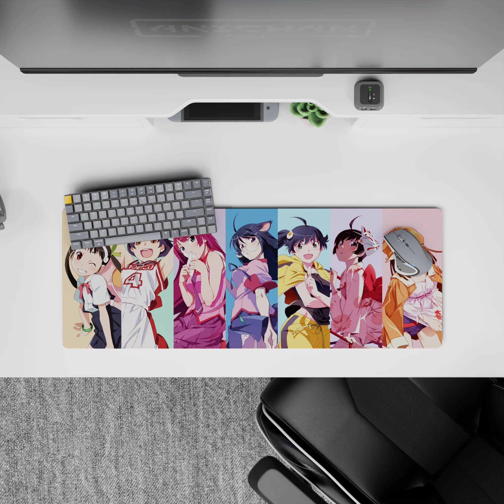 32x12 inches anime girl mouse pad with pastel stripe background, soft cel shading, playful cozy vibe.