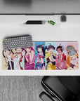 32x12 inches anime girl mouse pad with pastel stripe background, soft cel shading, playful cozy vibe.