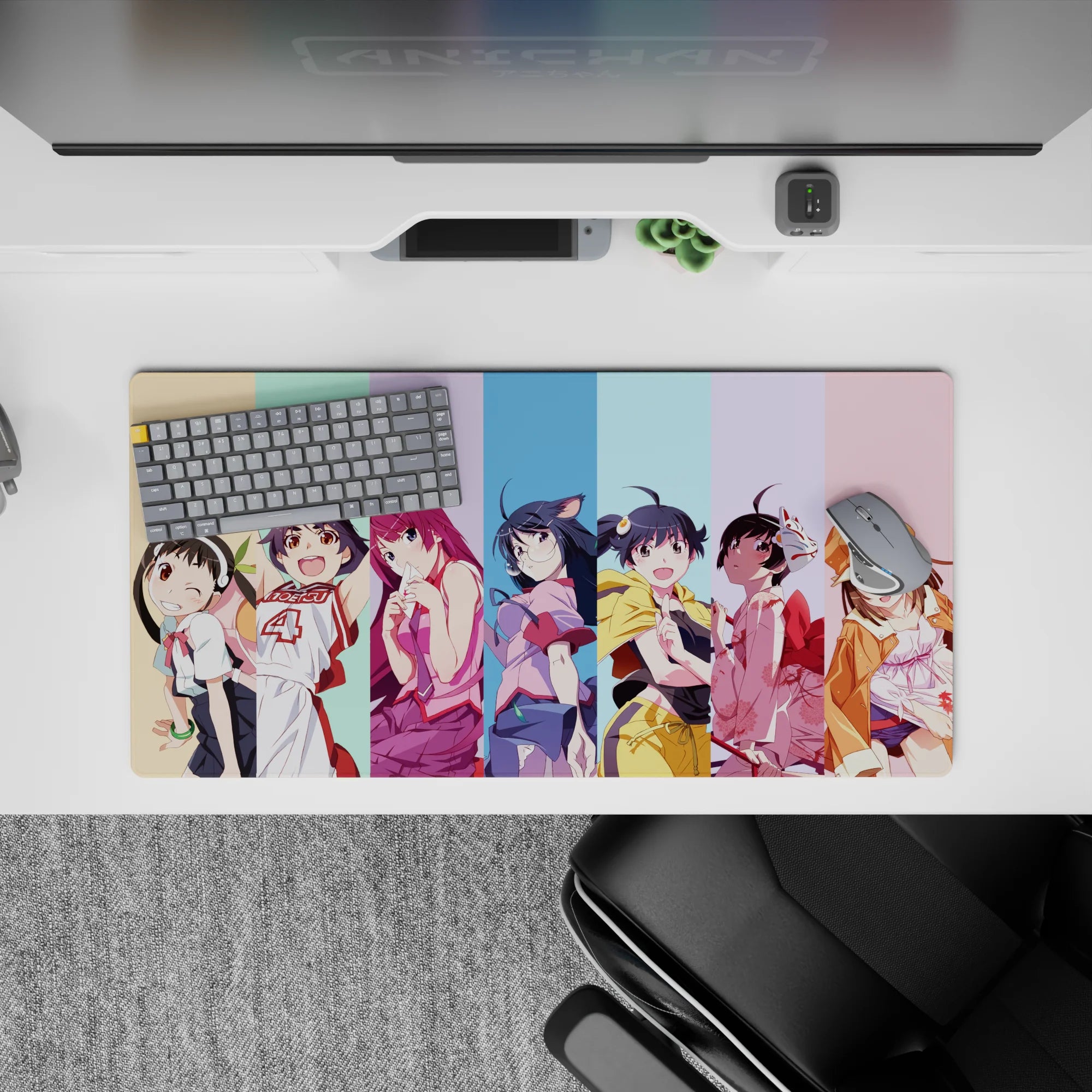 32x16 inches anime girl mouse pad with pastel stripe background, soft cel shading, playful cozy mood.