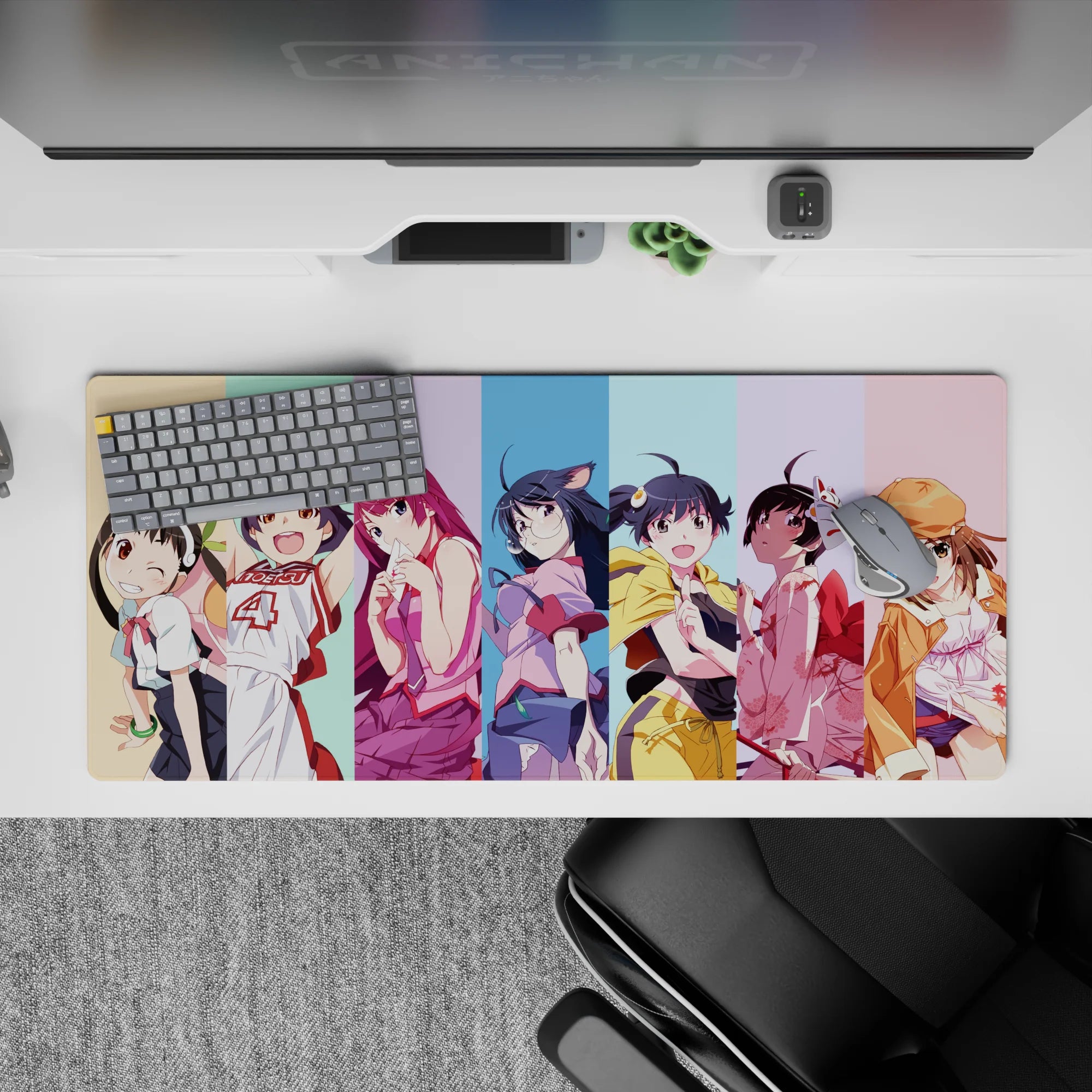 Pastel stripe anime girl desk pad 36x16 inches, soft cel shading, playful cozy mischievous vibe.