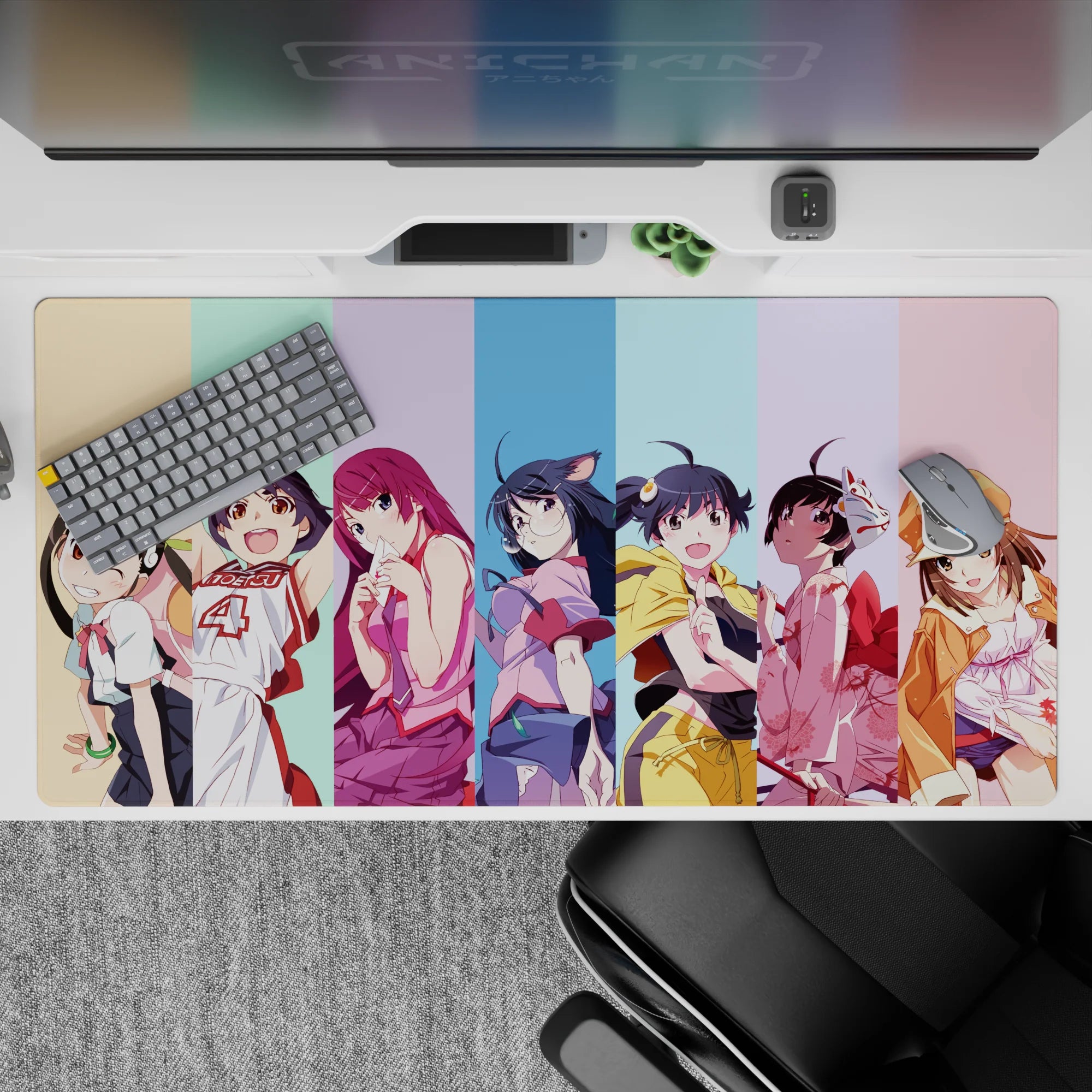 Pastel stripe anime girl mouse pad 40x20 inches, soft cel shading, playful cozy mischievous vibe.