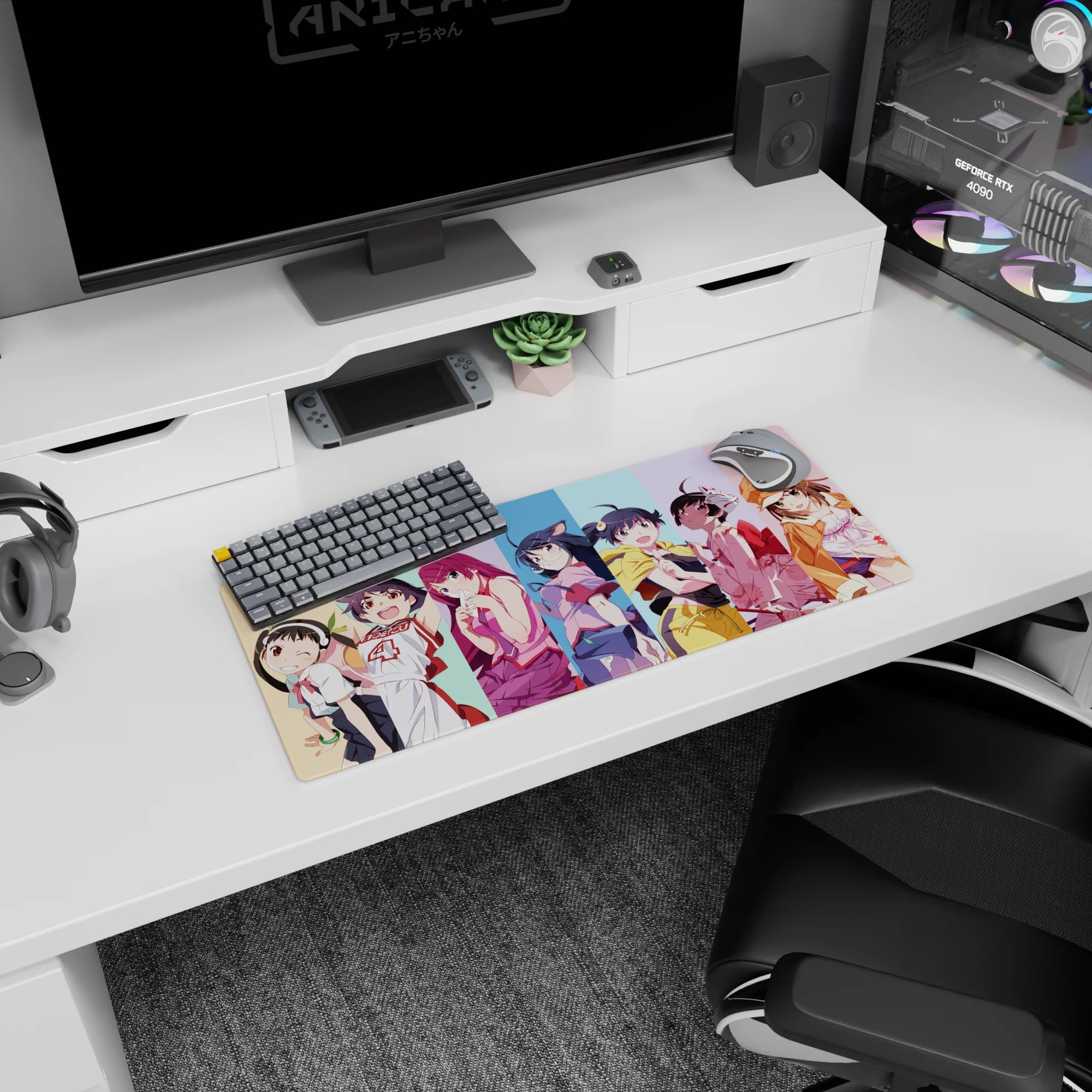 Cheeky pose anime girls on pastel stripe backdrop extended mouse pad for desk setup, 28x12 inches.