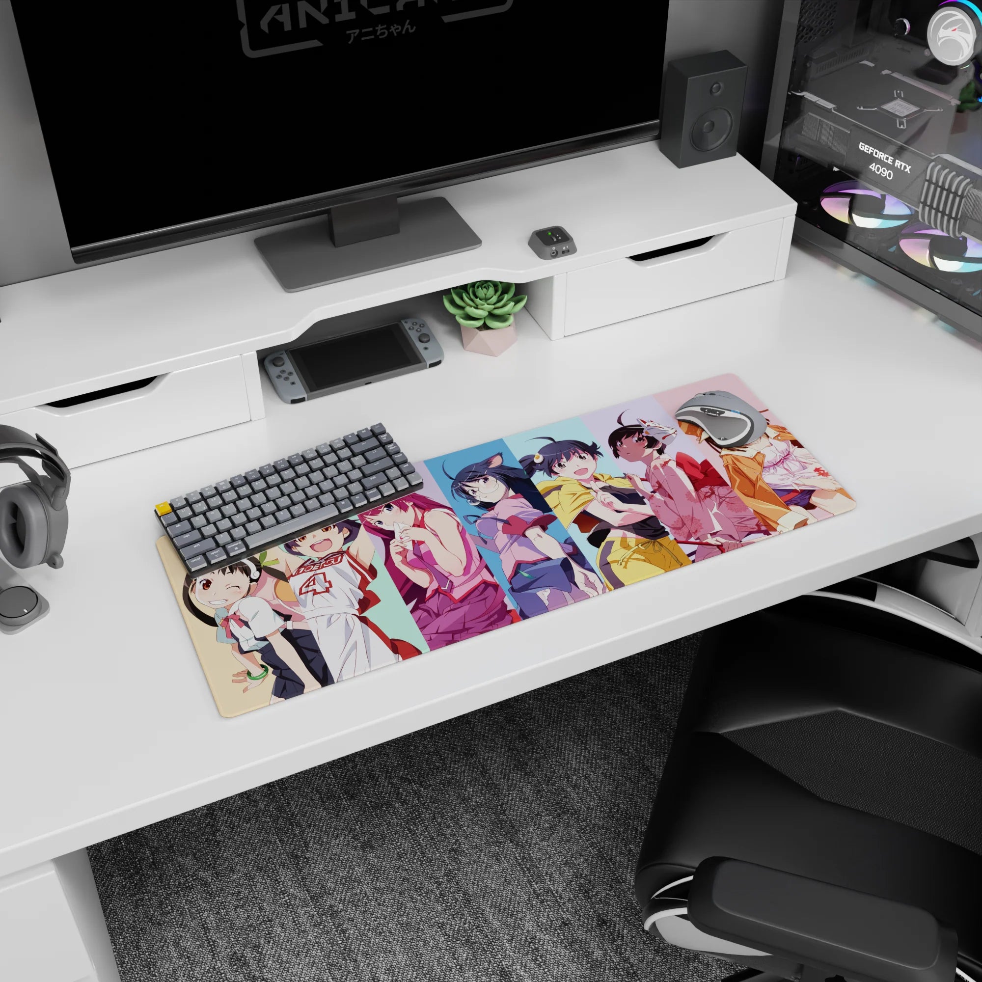 32x12 inches anime girl mouse pad featuring a lineup of mischievous girls posing on pastel stripes.