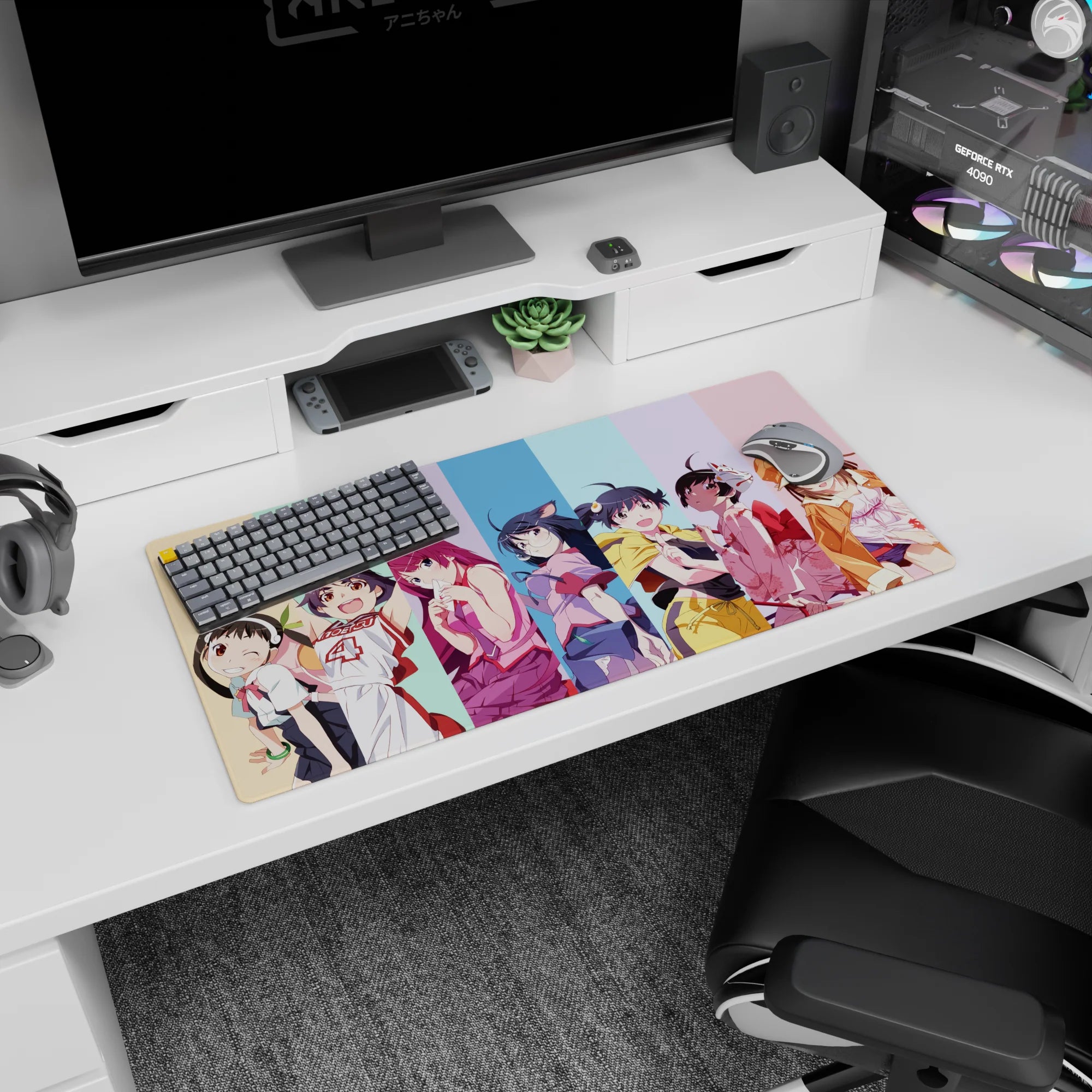 32x16 inches anime girl mouse pad showing a group of mischievous girls posing together on pastel stripes.