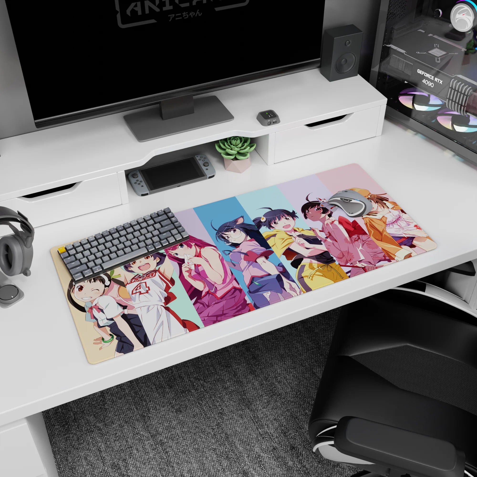 Cheeky anime girls lineup on desk pad 36x16 inches, colorful backdrop and sweet cel-shaded look.