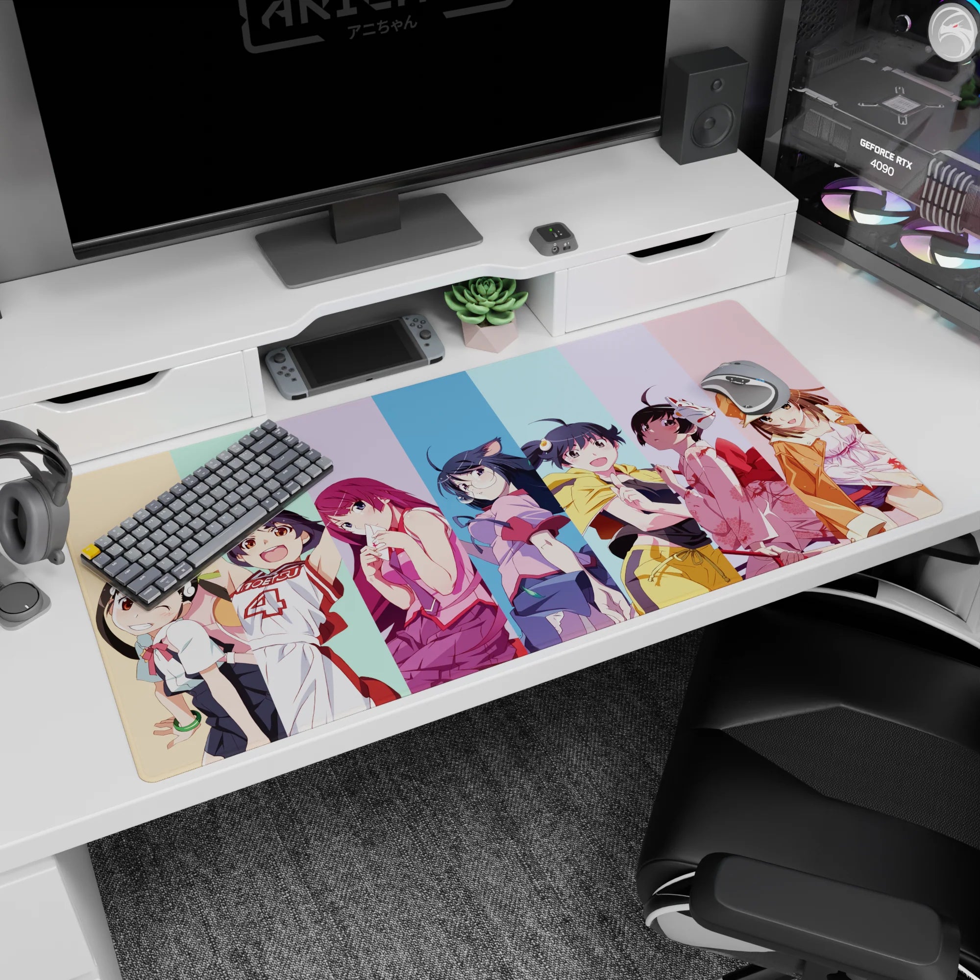 Cheeky anime girls lineup on desk pad 40x20 inches, cute poses with pastel stripes behind them.