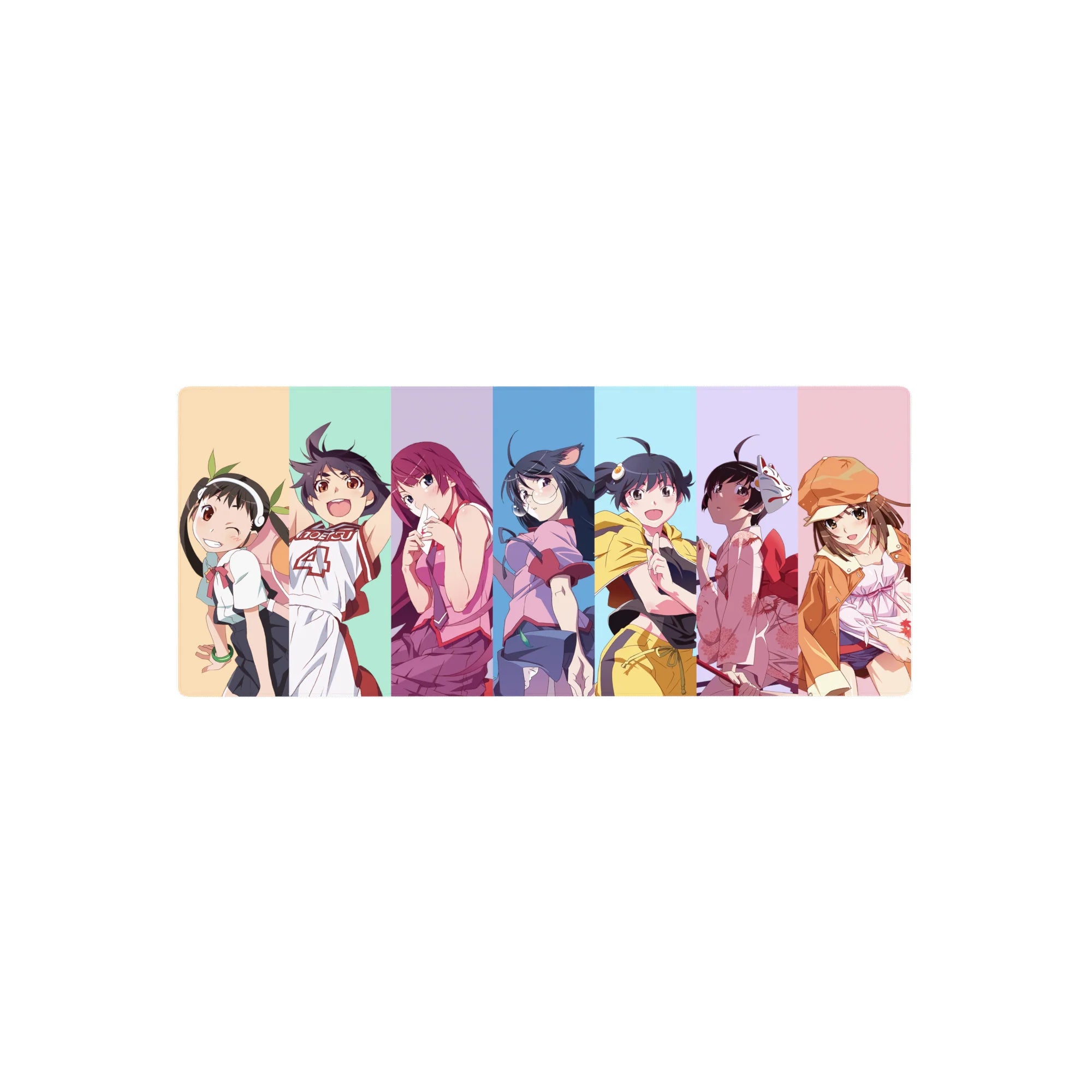Monogatari-style anime girl lineup mouse pad with cheeky poses and clean studio look, 28x12 inches.