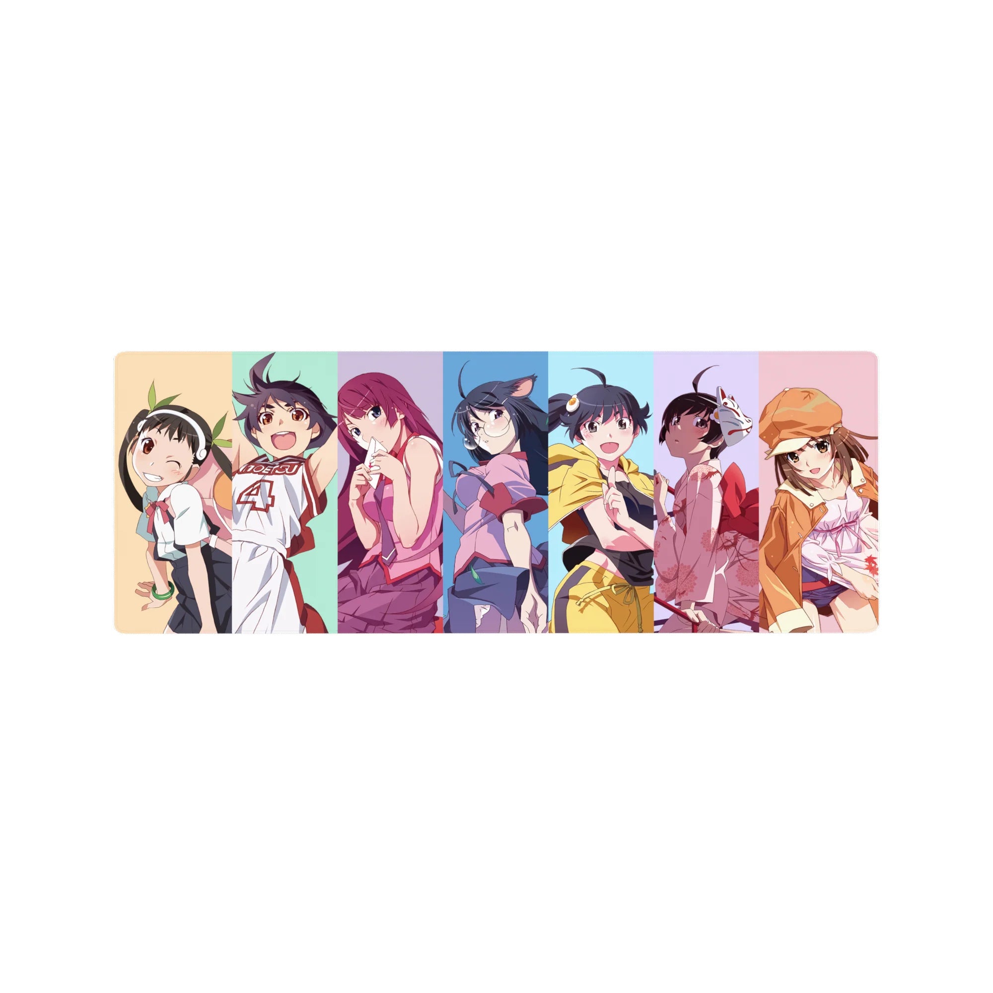 32x12 inches anime girl mouse pad with Monogatari-style lineup, clean studio look and cheeky poses.