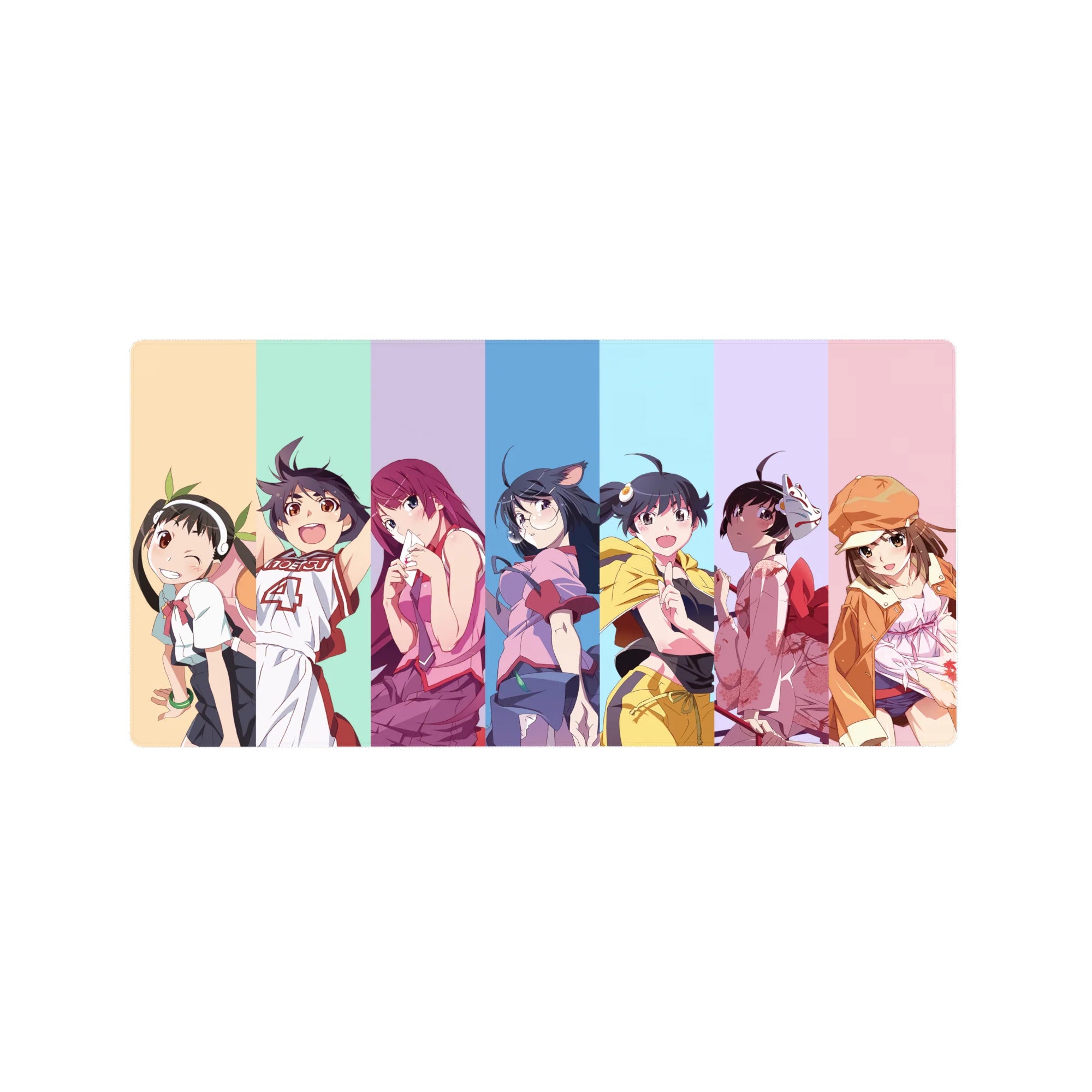 32x16 inches anime girl mouse pad with Monogatari-style lineup, clean studio vibe and cheeky poses.