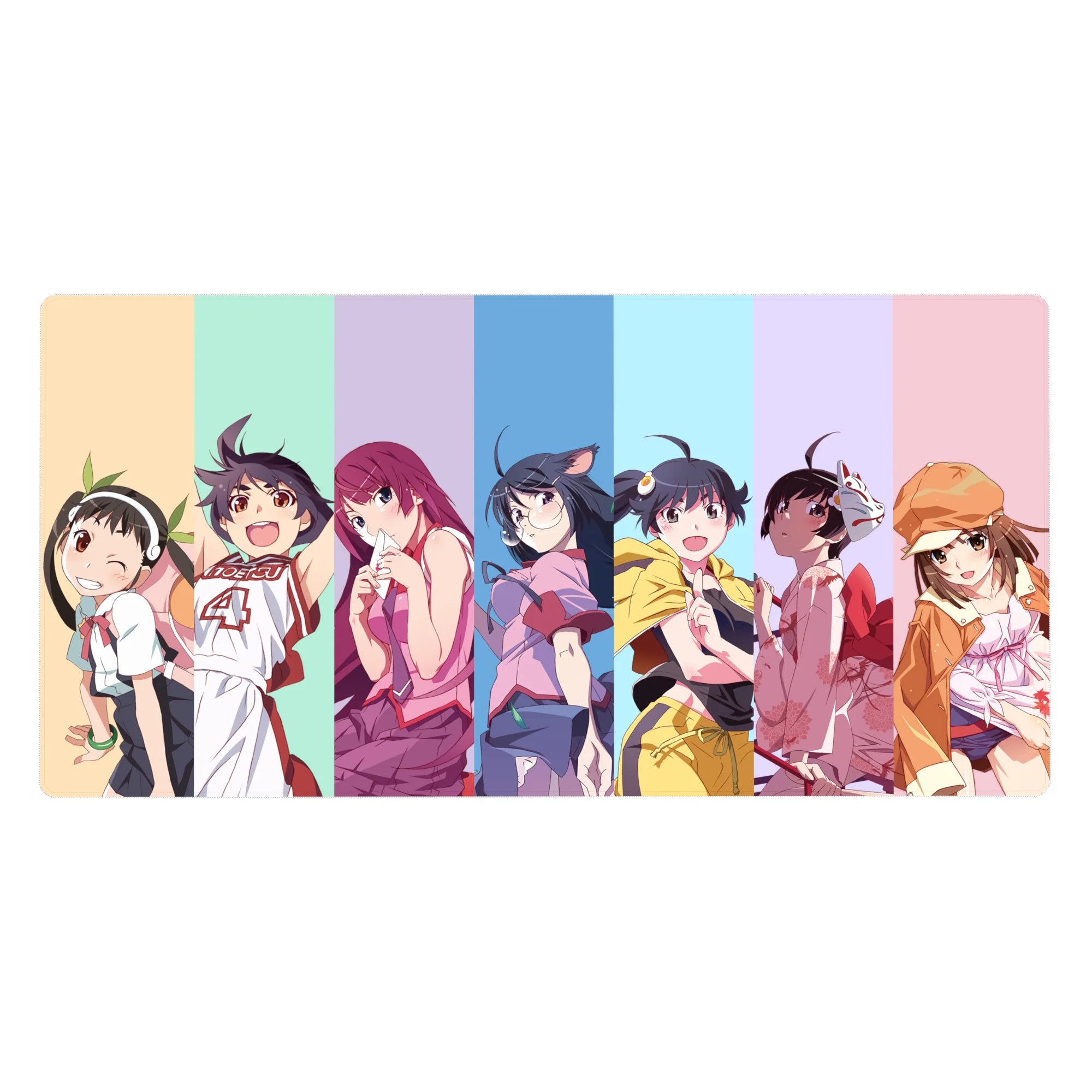 Monogatari-style anime girl desk pad 40x20 inches with lineup pose, clean studio look, crisp print.