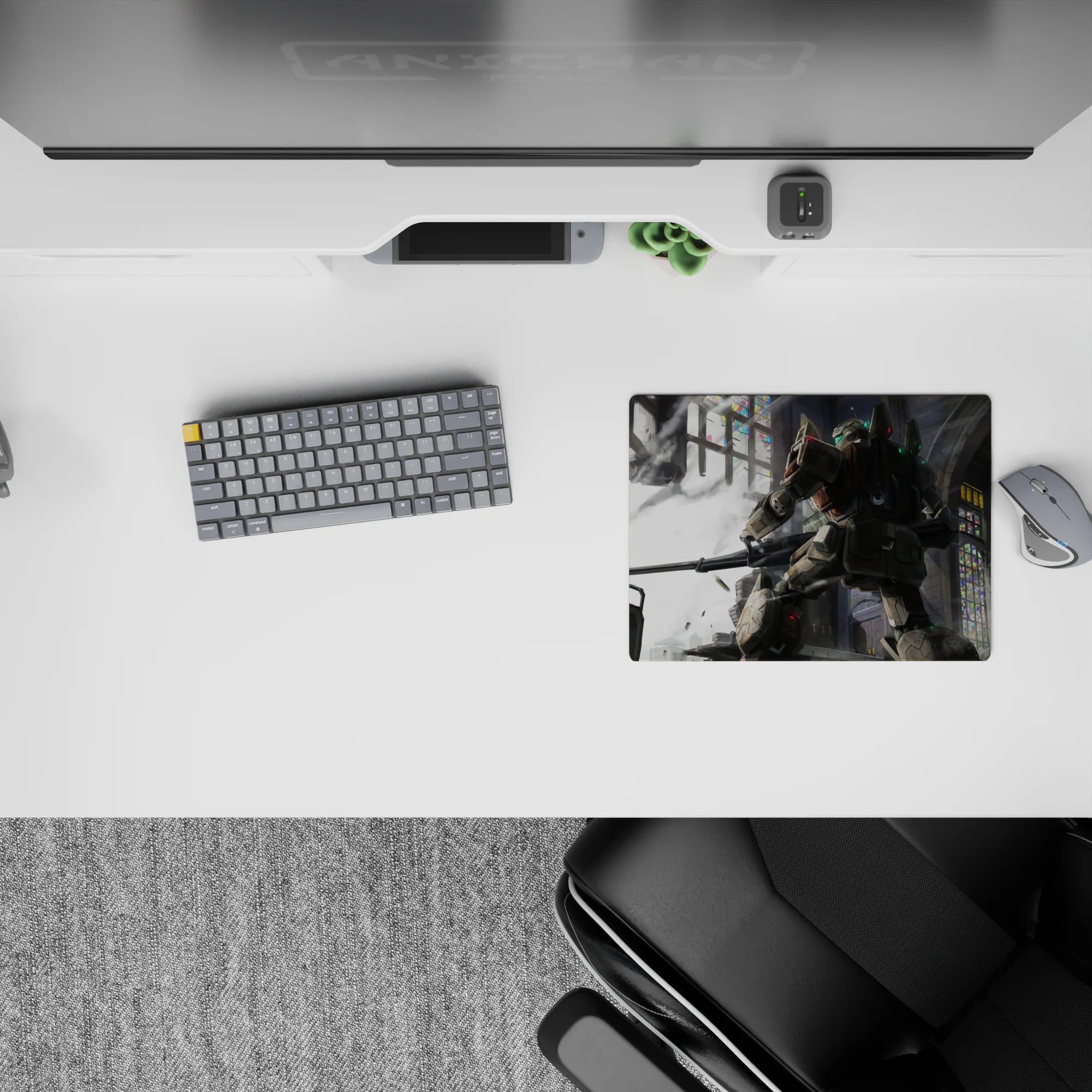 14x10 inches anime mouse pad in smoky whites and steel grays with neon stained-glass sparks, calm drama.