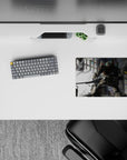 14x10 inches anime mouse pad in smoky whites and steel grays with neon stained-glass sparks, calm drama.