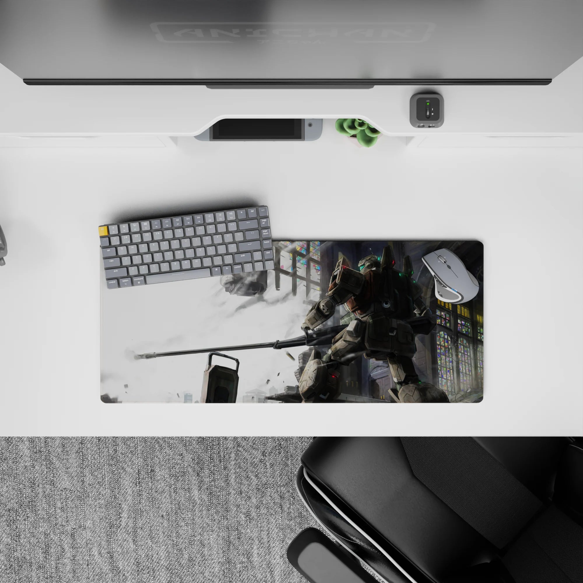 28x12 inches anime mouse pad in smoky white and steel gray with neon stained-glass flecks, calm dramatic vibe.