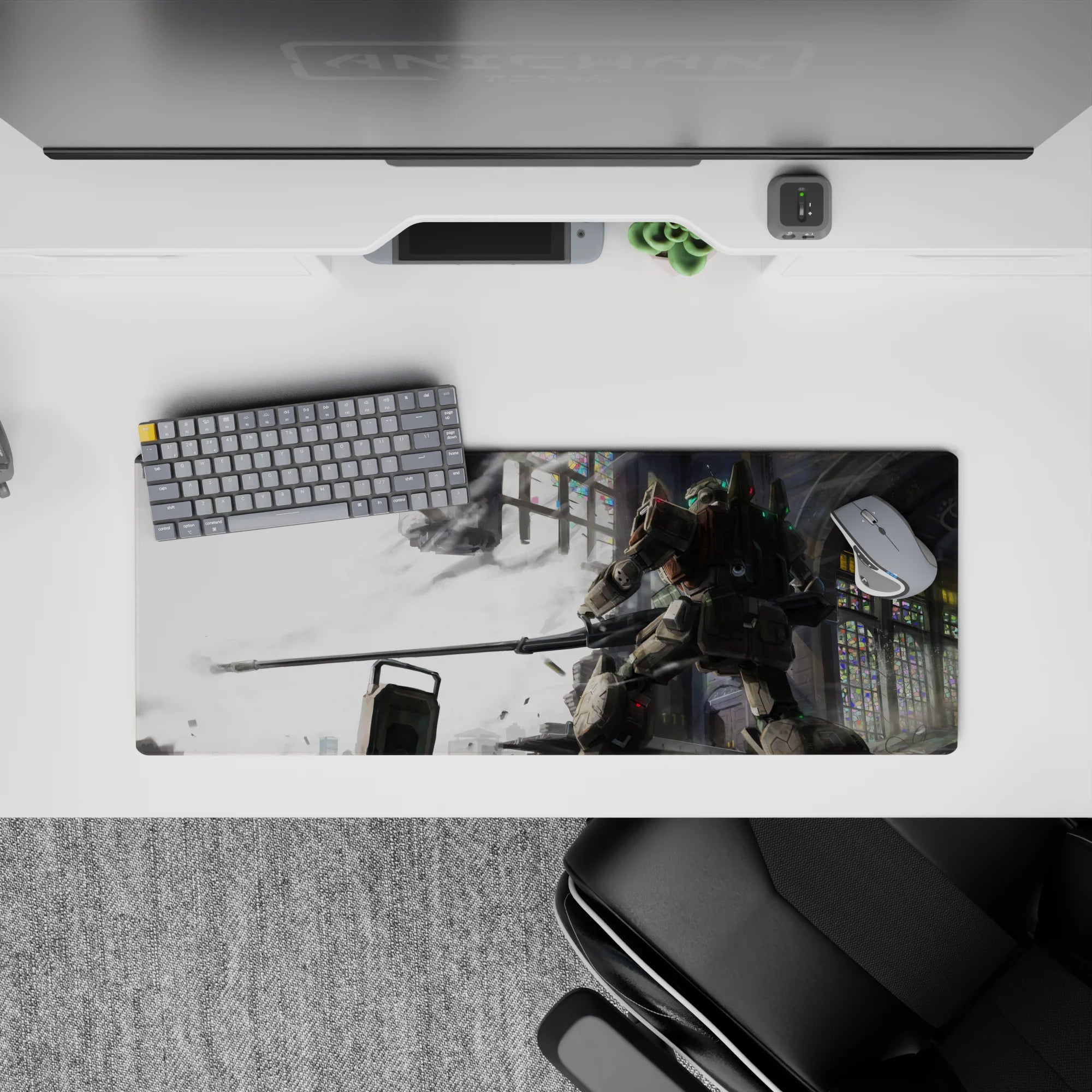 32x12 inches anime mouse pad in smoky whites and steel grays with neon stained-glass flecks, calm dramatic mood.