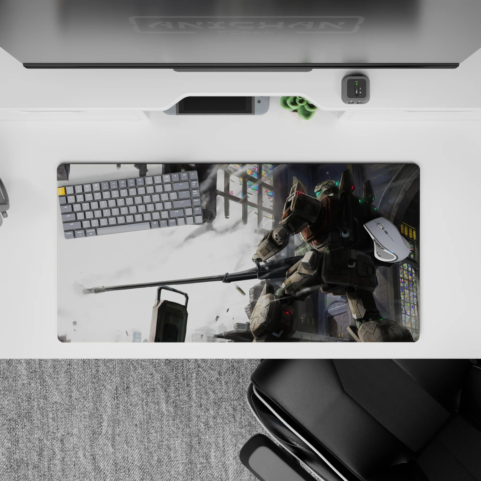 32x16 inches anime mouse pad in smoky whites and steel grays, neon stained-glass flecks, calm dramatic vibe.