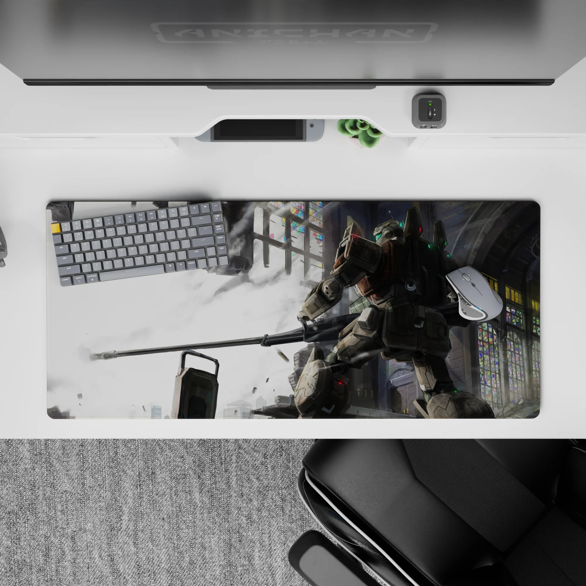 Moody 36x16 inches anime desk pad in smoky whites and steel grays with neon stained-glass flecks, calm vibe.