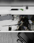 Moody 36x16 inches anime desk pad in smoky whites and steel grays with neon stained-glass flecks, calm vibe.