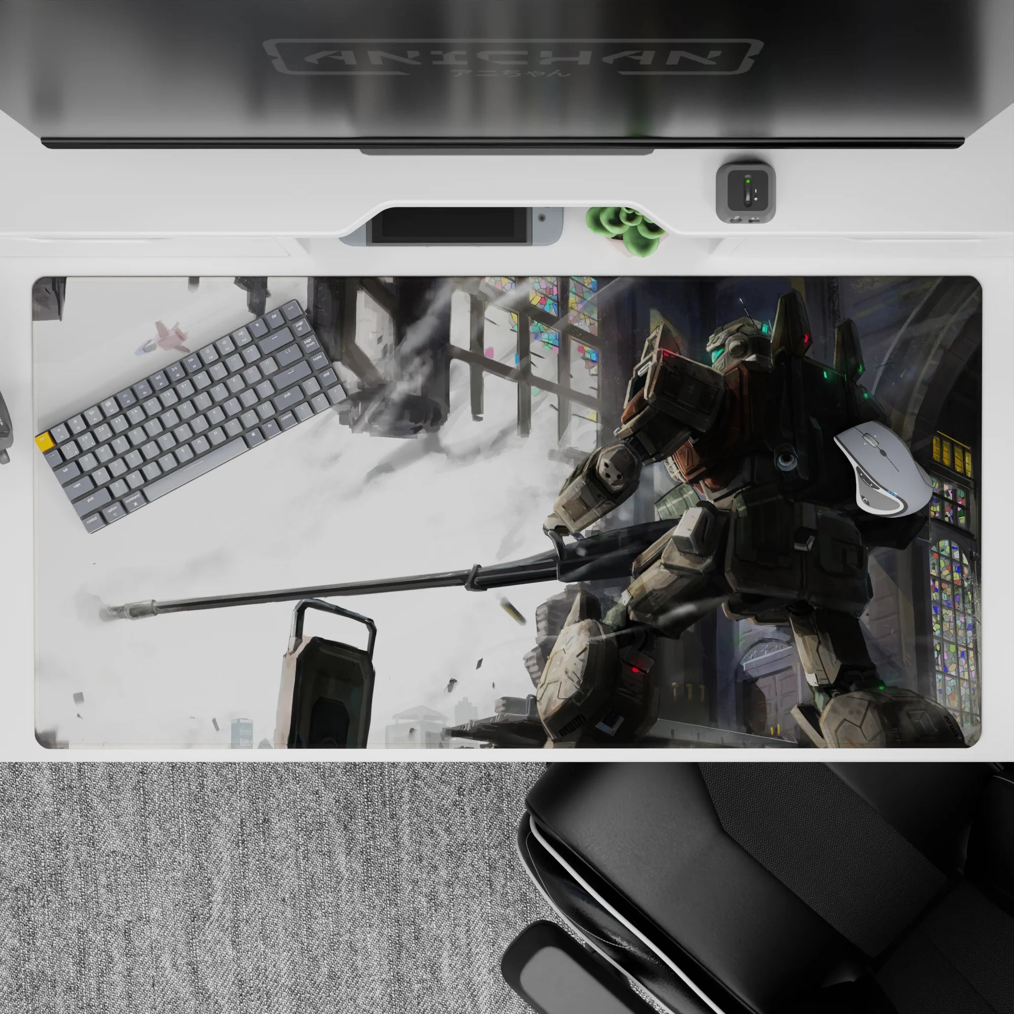 Moody 40x20 inches anime desk pad in smoky whites and steel grays with neon stained-glass sparks.