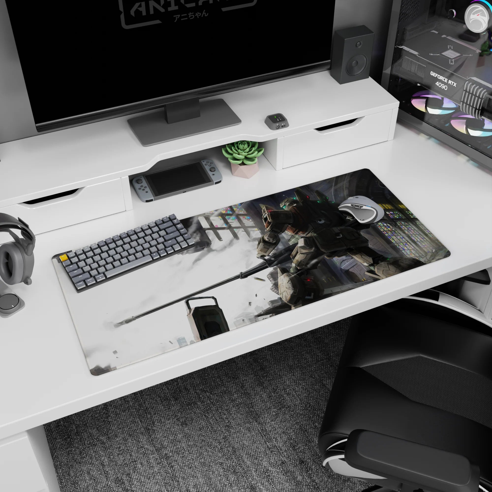 RX-78-2 Gundam with beam rifle in a broken cathedral on a 36x16 inches anime desk pad, late-night ready.