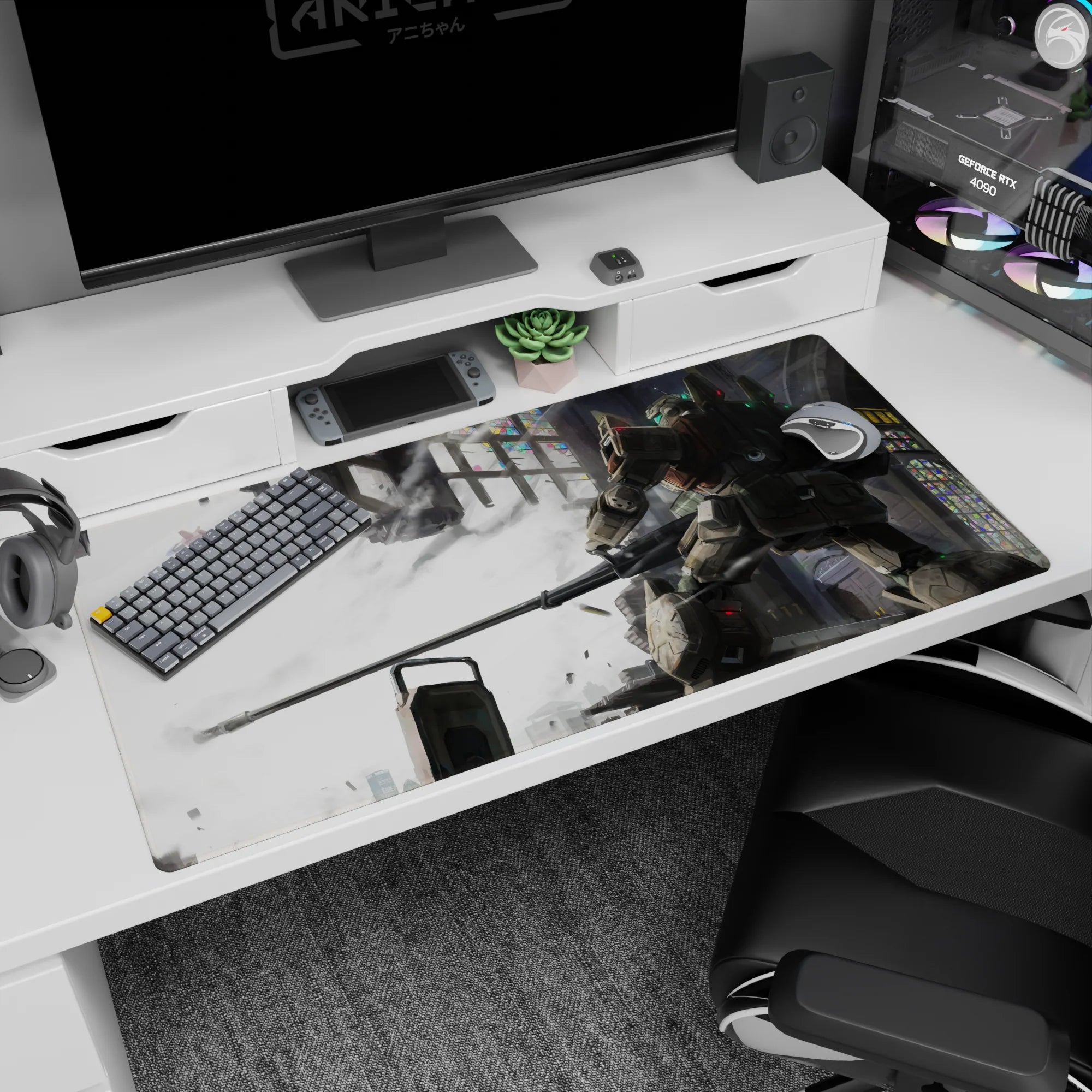 RX-78-2 Gundam aiming a beam rifle in a ruined cathedral on a 40x20 inches anime desk pad.