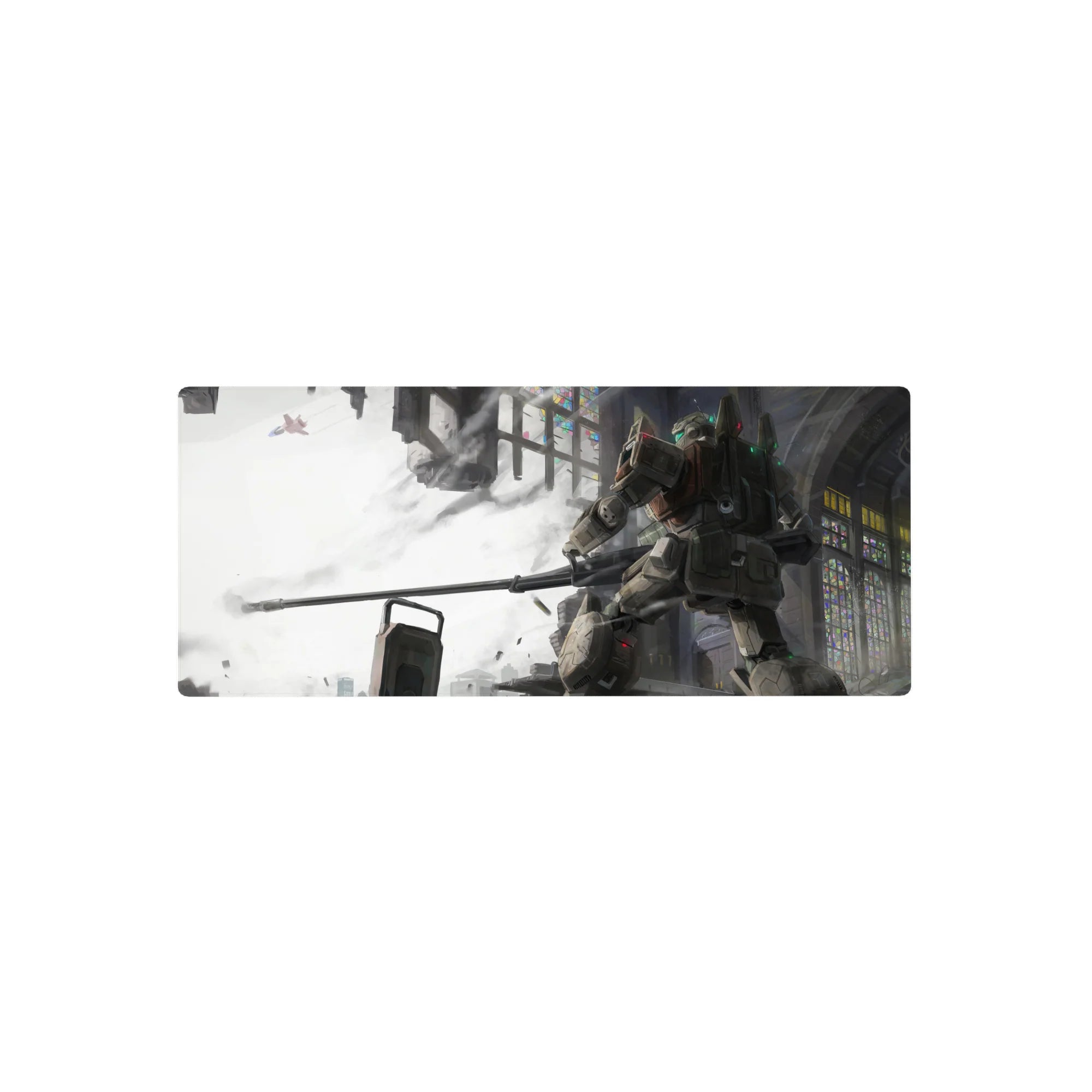 28x12 inches anime mouse pad with Gundam-style mech in a ruined cathedral, beam rifle ready, neon glass.