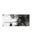 28x12 inches anime mouse pad with Gundam-style mech in a ruined cathedral, beam rifle ready, neon glass.