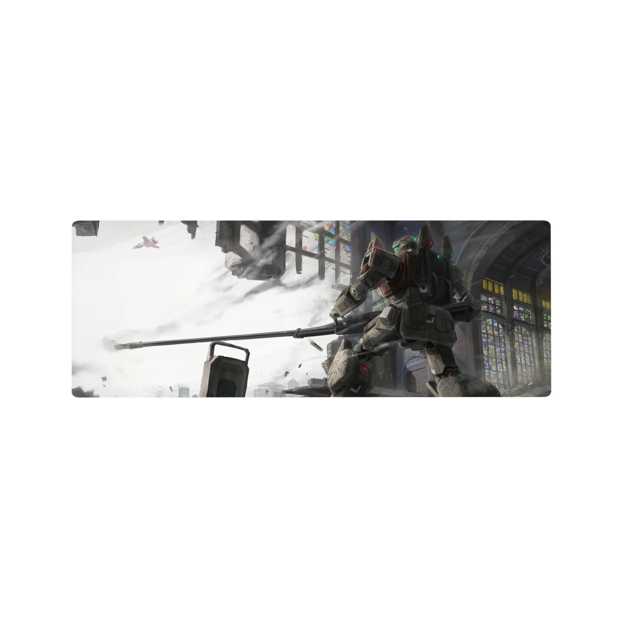 32x12 inches anime mouse pad with Gundam-style mecha in a ruined cathedral, bold print and smooth tracking.
