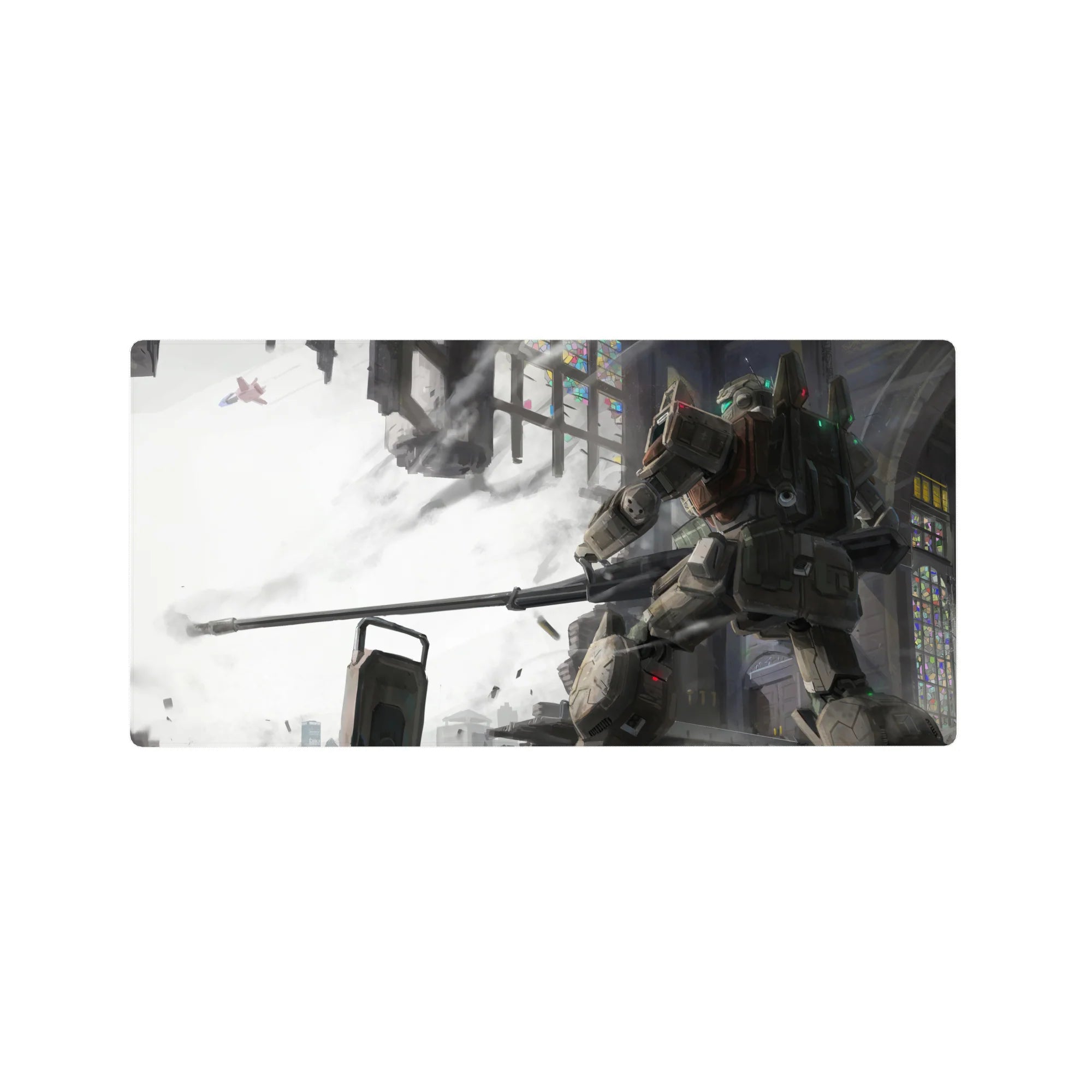 32x16 inches anime mouse pad with Gundam mech in a shattered cathedral, bold print for smooth tracking.