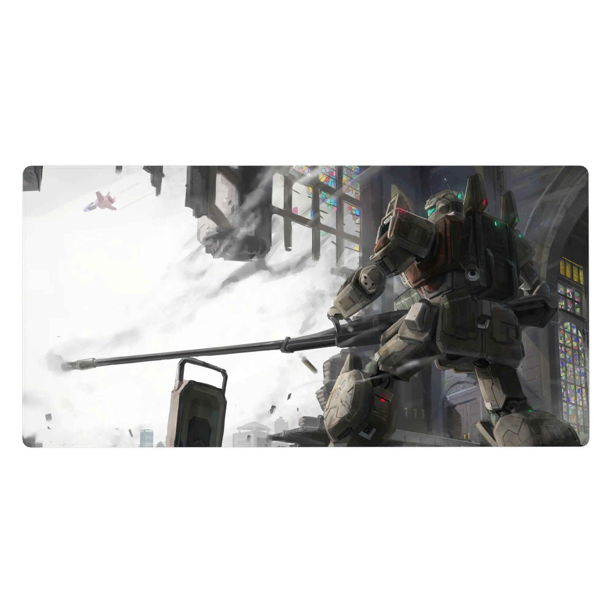 Anime desk pad 40x20 inches with Gundam-style mecha in a shattered cathedral, bold print for gaming.