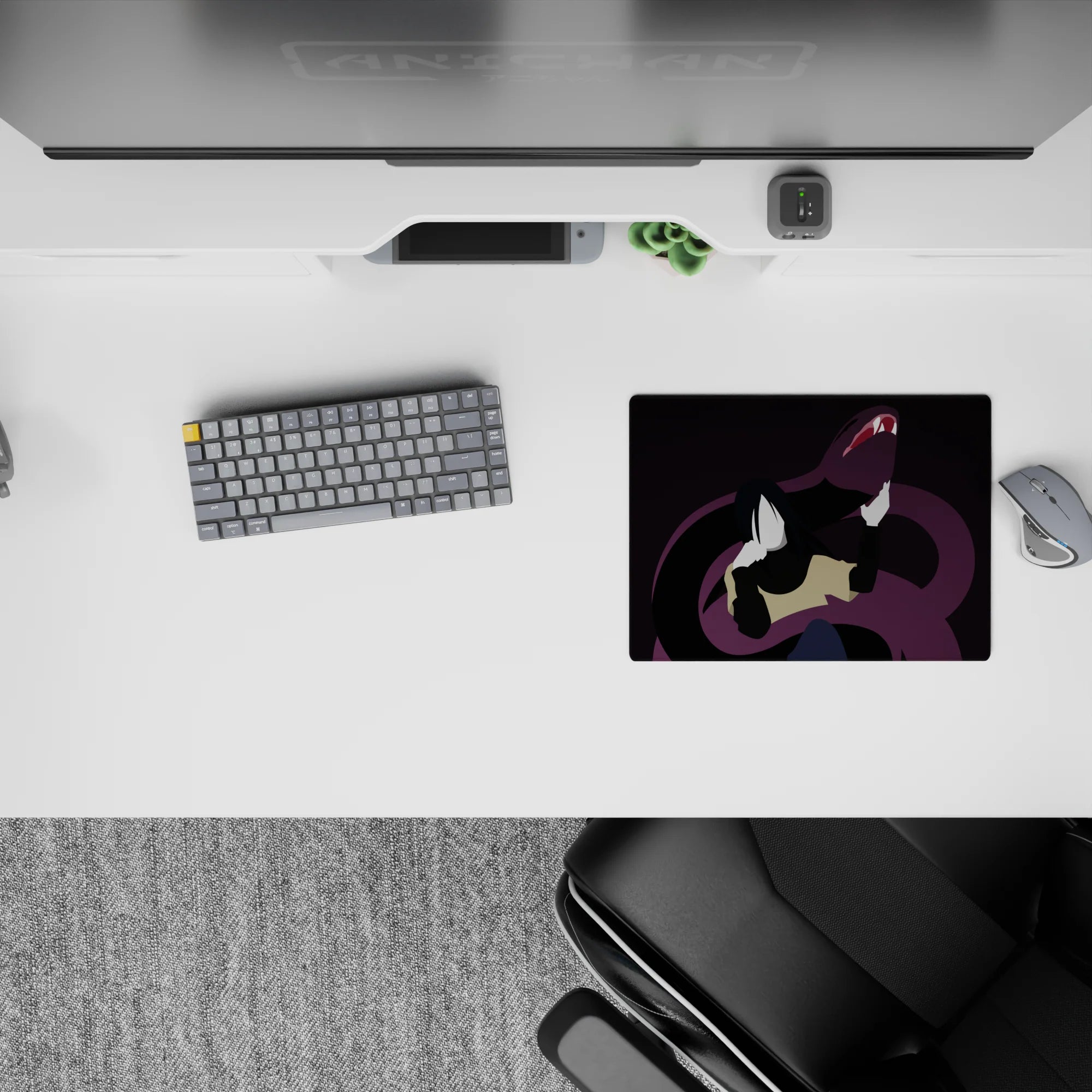 Moody dark purple anime mouse pad 14x10 inches, silky tones and heavy shadows for late-night gaming.