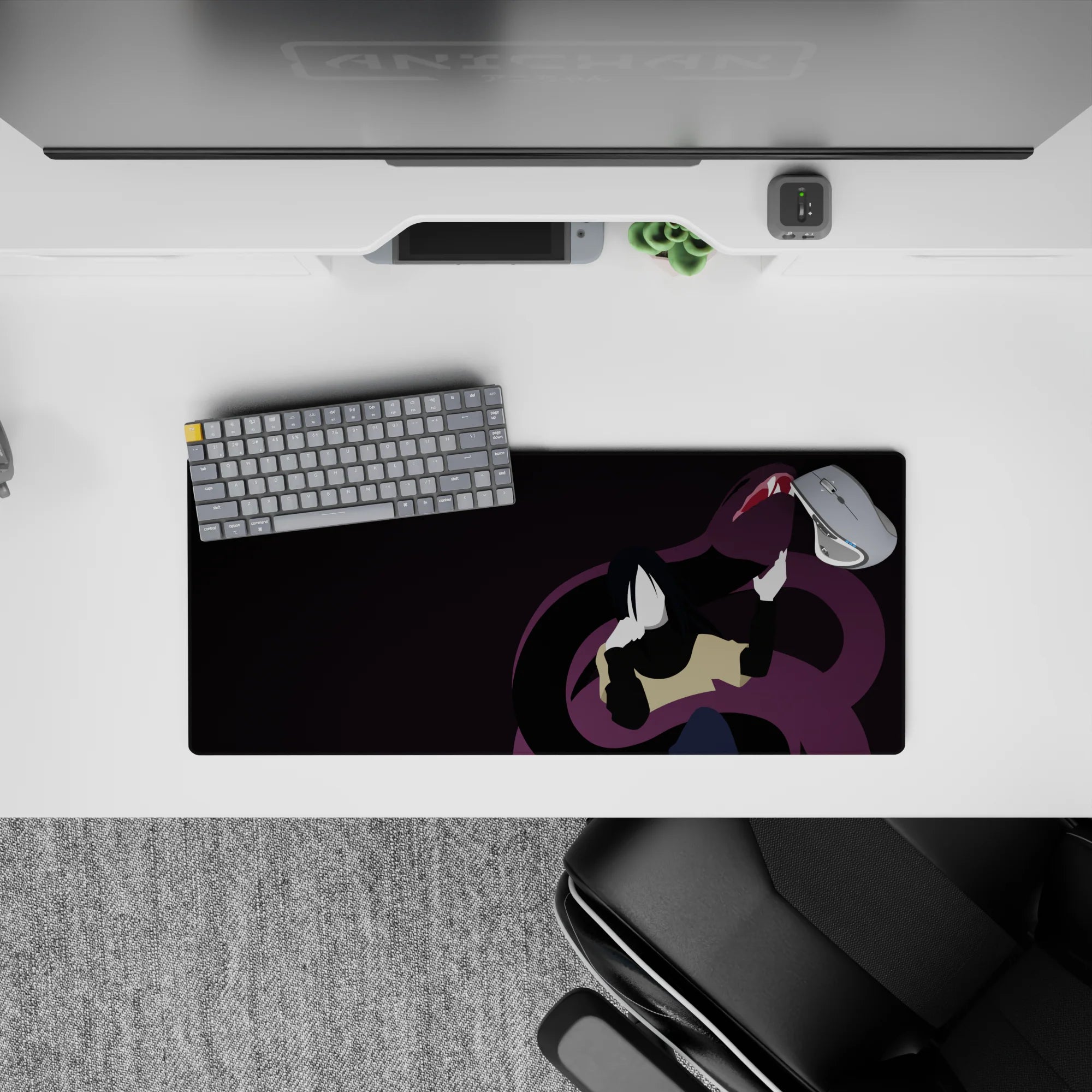 28x12 inches anime mouse pad in dark silky purples, moody shadows, sleek and slightly creepy vibe.