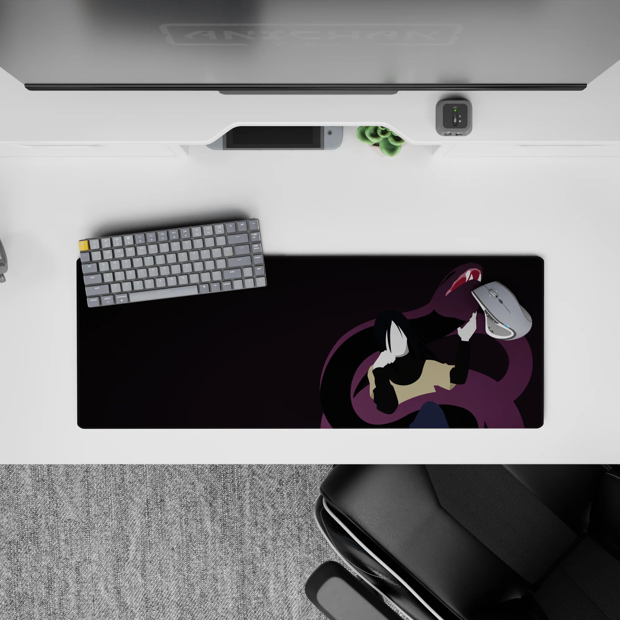 32x12 inches anime mouse pad in dark silky purples, moody and creepy, perfect for late-night gaming.