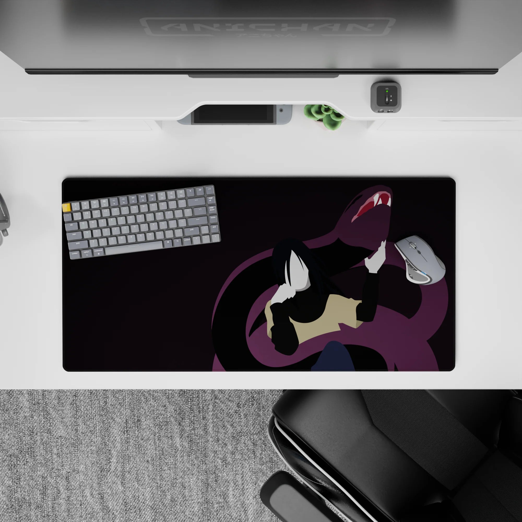 32x16 inches anime mouse pad in dark silky purple tones with moody shadows for late-night gaming.