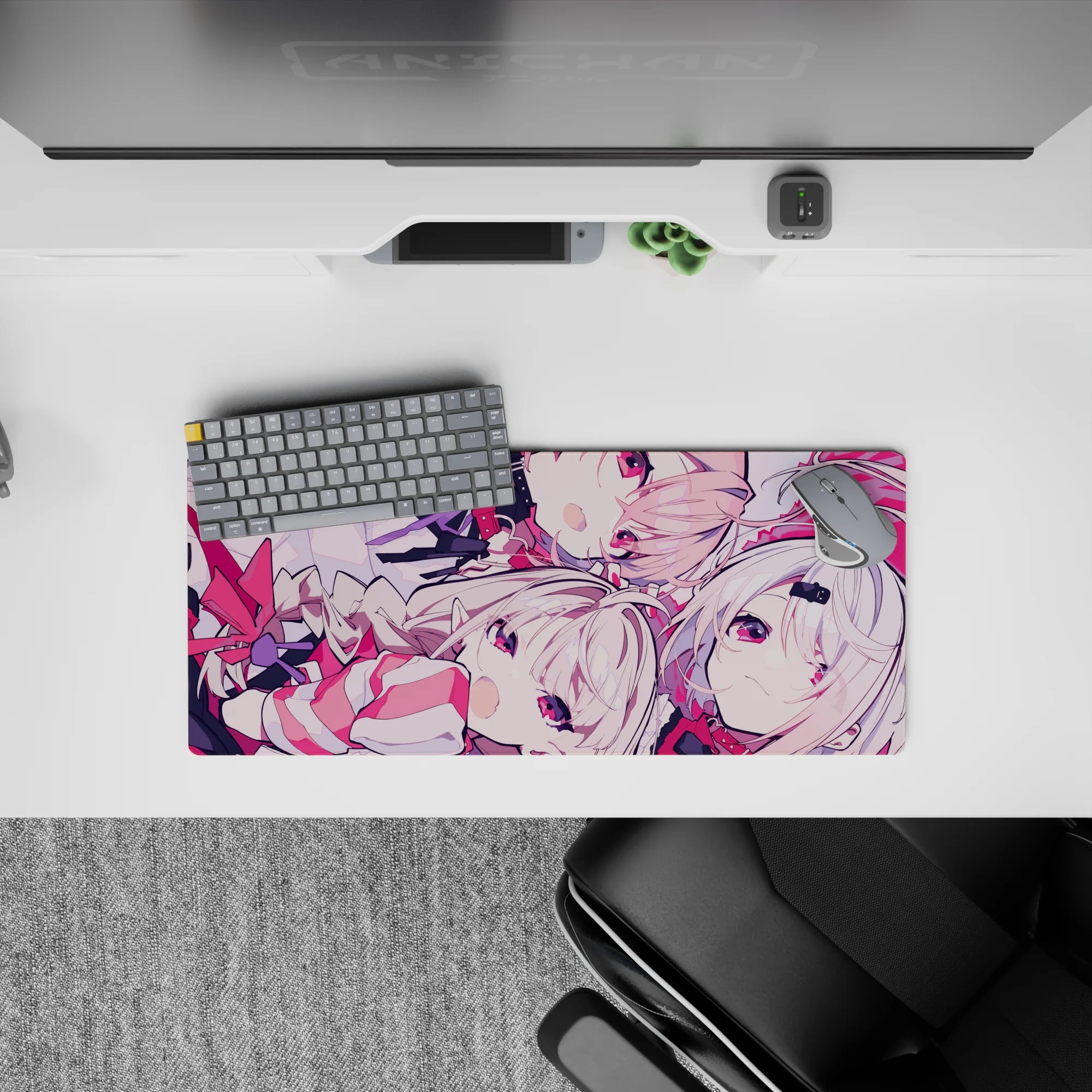 28x12 inches anime girl mouse pad in pink and crimson tones, playful cozy chaos, smooth tracking.