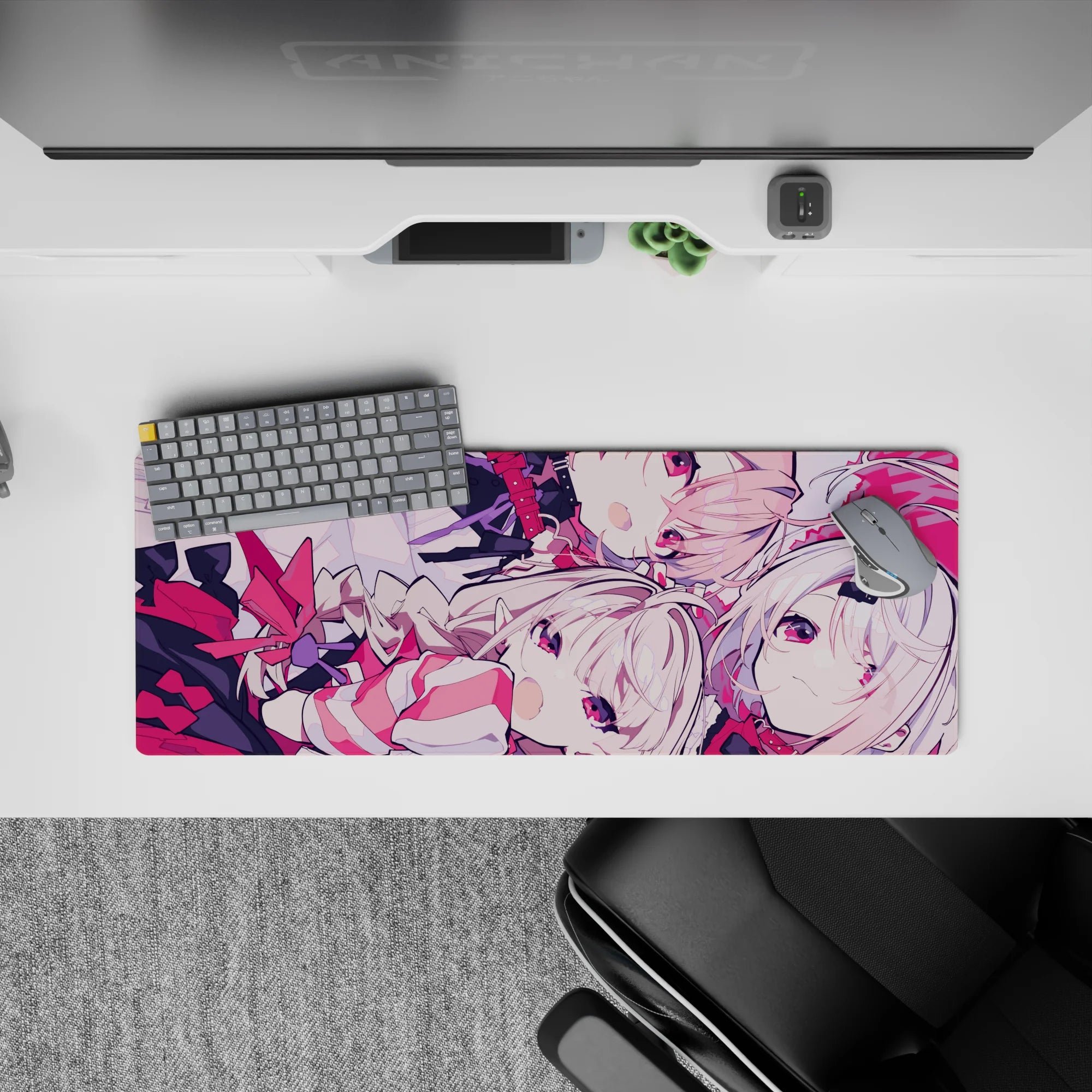 32x12 inches anime girl mouse pad in pink and crimson tones, playful best-friends chaos vibe, cozy and bold.