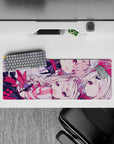 32x12 inches anime girl mouse pad in pink and crimson tones, playful best-friends chaos vibe, cozy and bold.