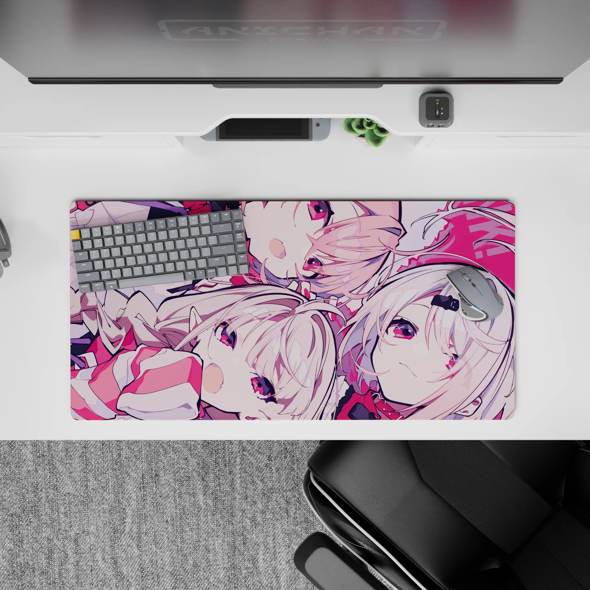 Pink and crimson anime girl mouse pad 32x16 inches, playful best-friends chaos vibe, smooth tracking.