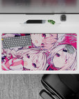 Pink and crimson anime girl mouse pad 32x16 inches, playful best-friends chaos vibe, smooth tracking.