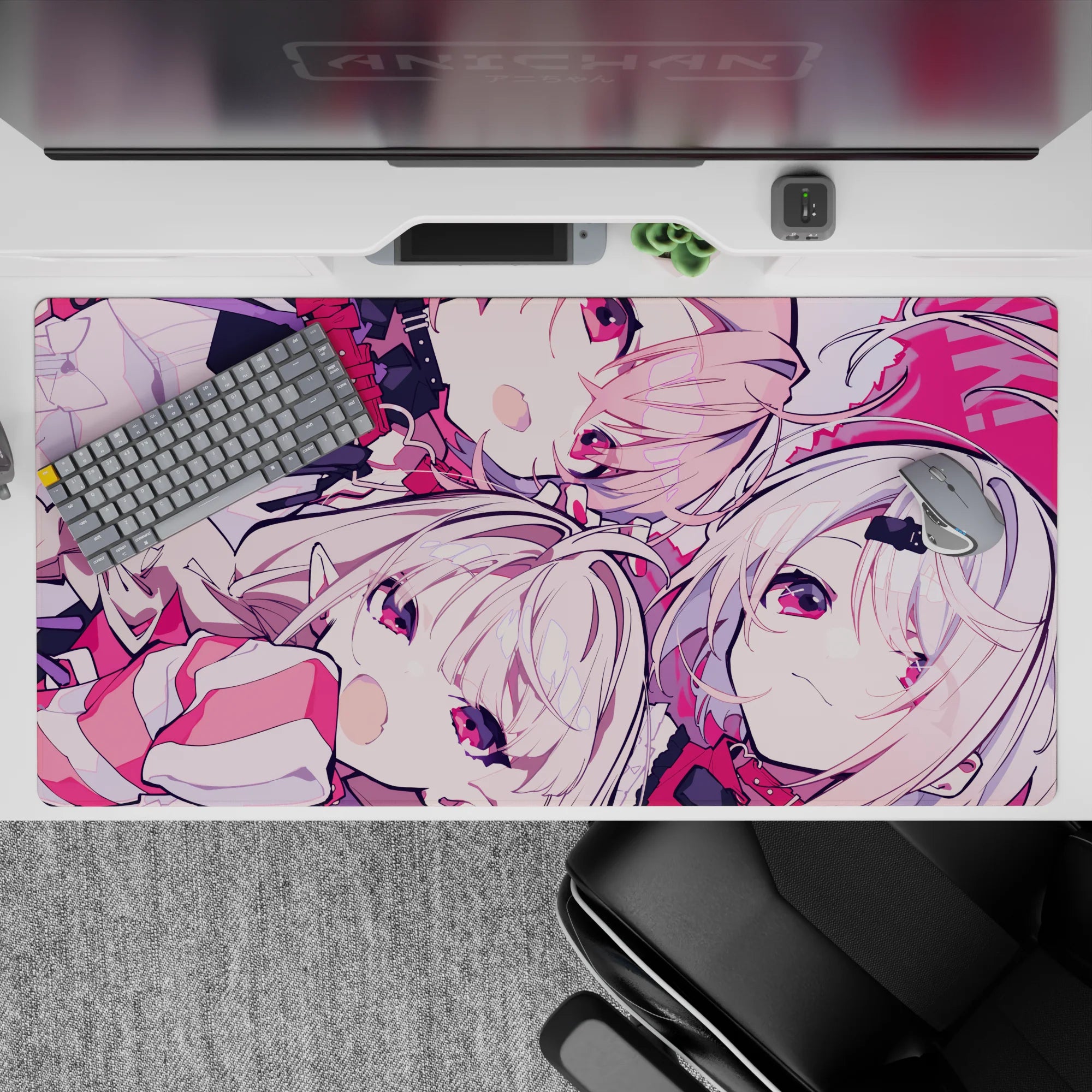 Pink and crimson anime desk pad 40x20 inches, candy-bright contrast and cozy chaotic best-friends vibe.