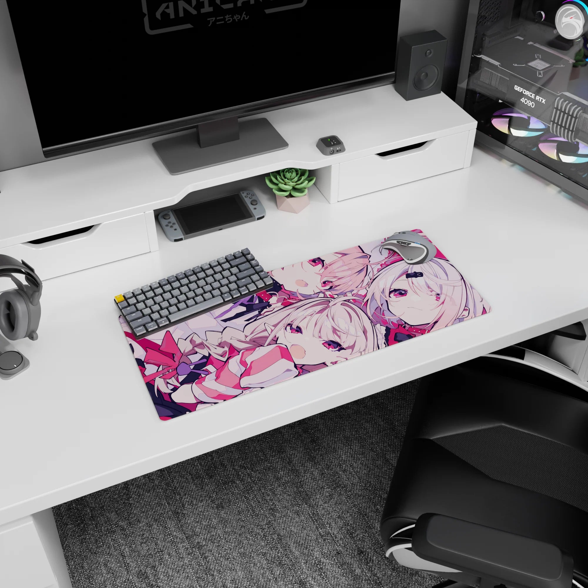 28x12 inches anime girl mouse pad featuring a winking pale-haired girl with candy-bright ribbons.