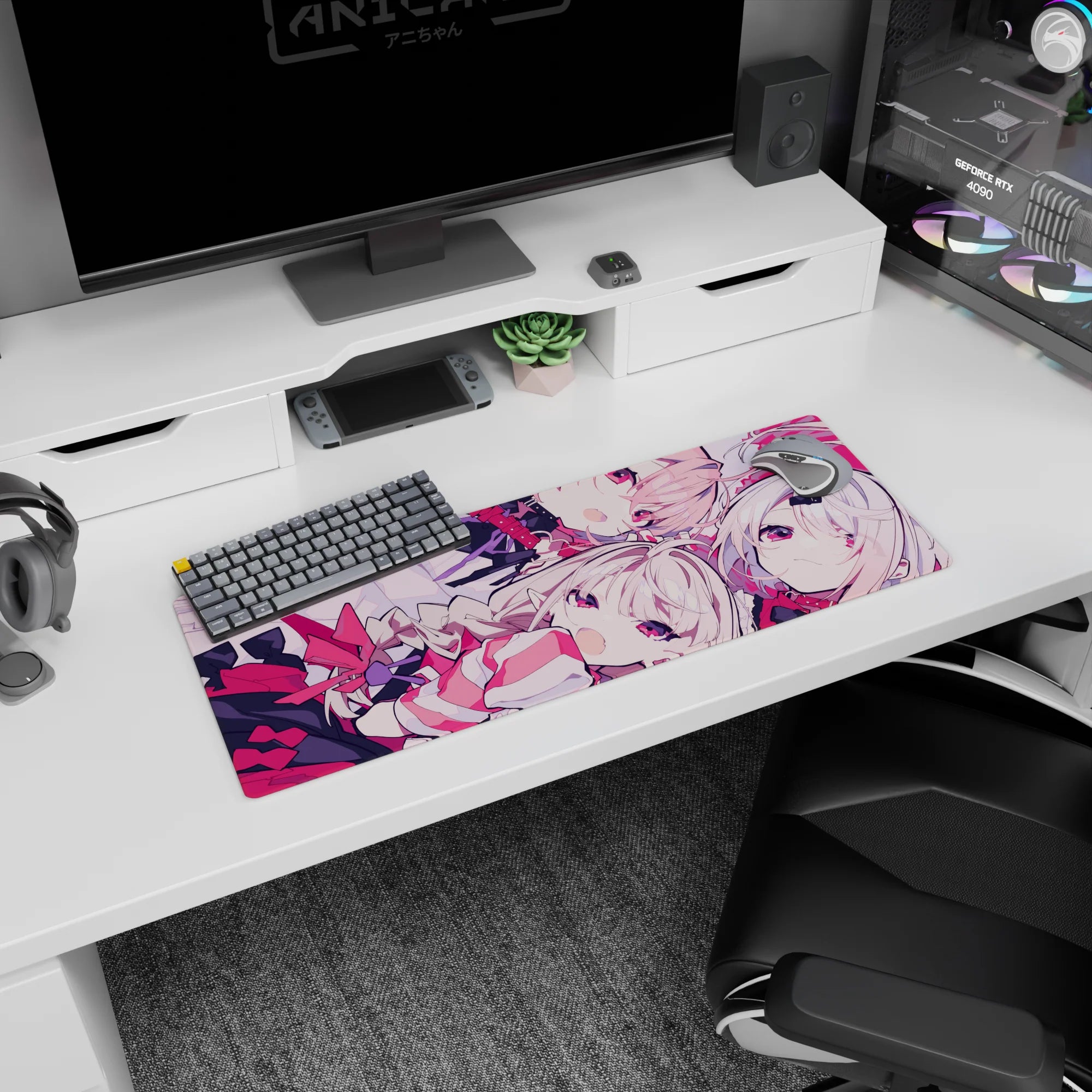 32x12 inches anime girl mouse pad showing a winking pale-haired girl with ruby eyes and candy-like ribbon accents.