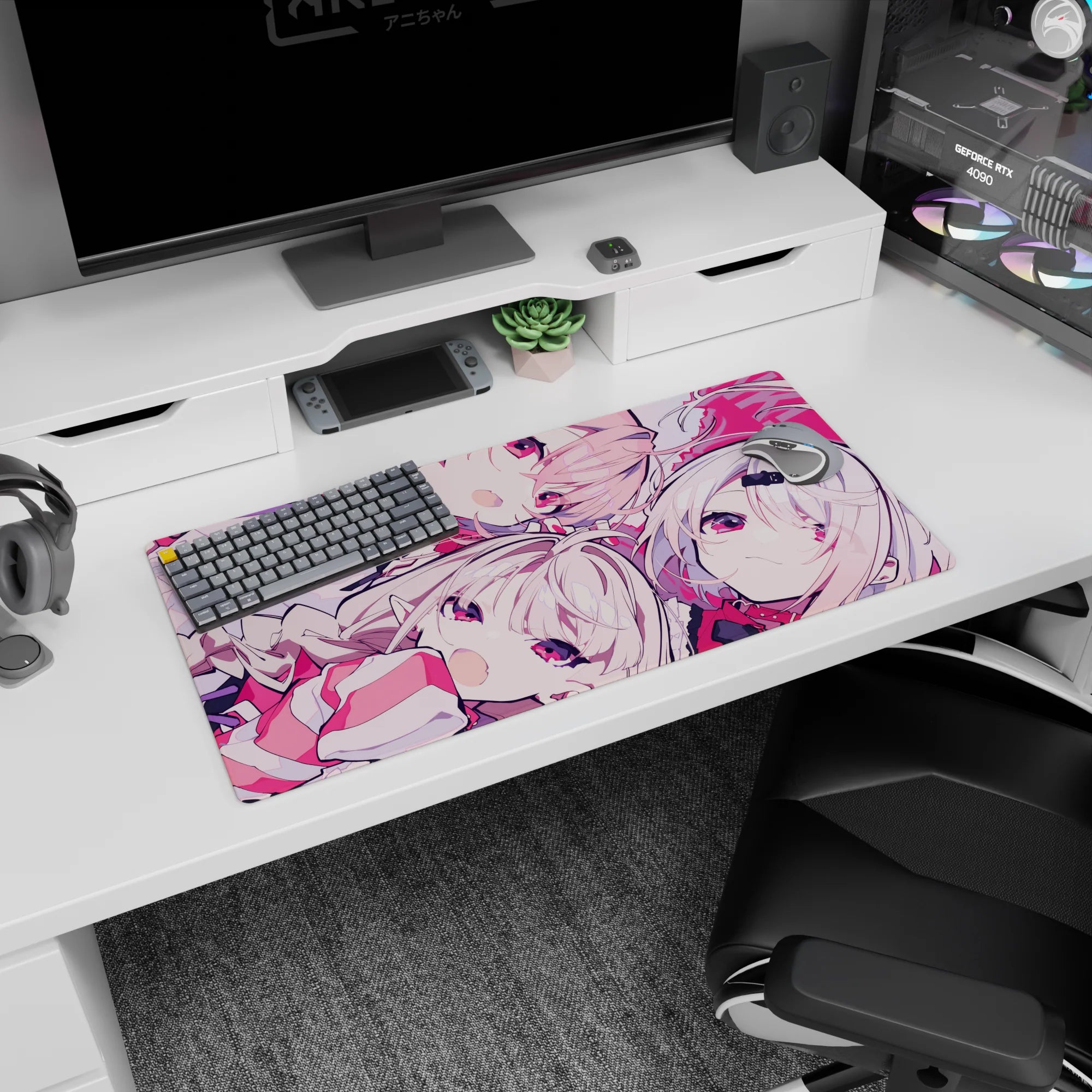 Winking pale-haired anime girl duo scene mouse pad 32x16 inches with candy-bright ribbons and eyes.