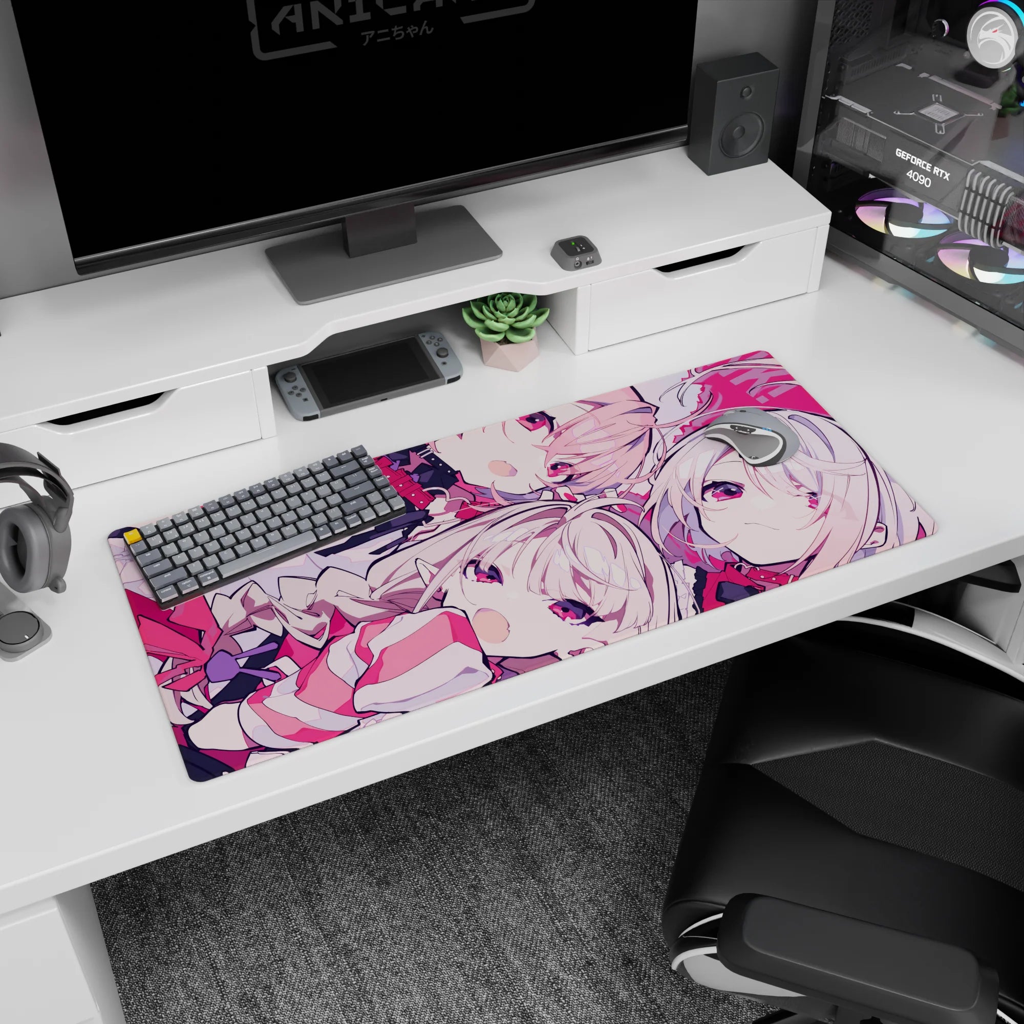 Winky pale-haired anime girl duo desk pad 36x16 inches with candy ribbons and ruby eyes scene.
