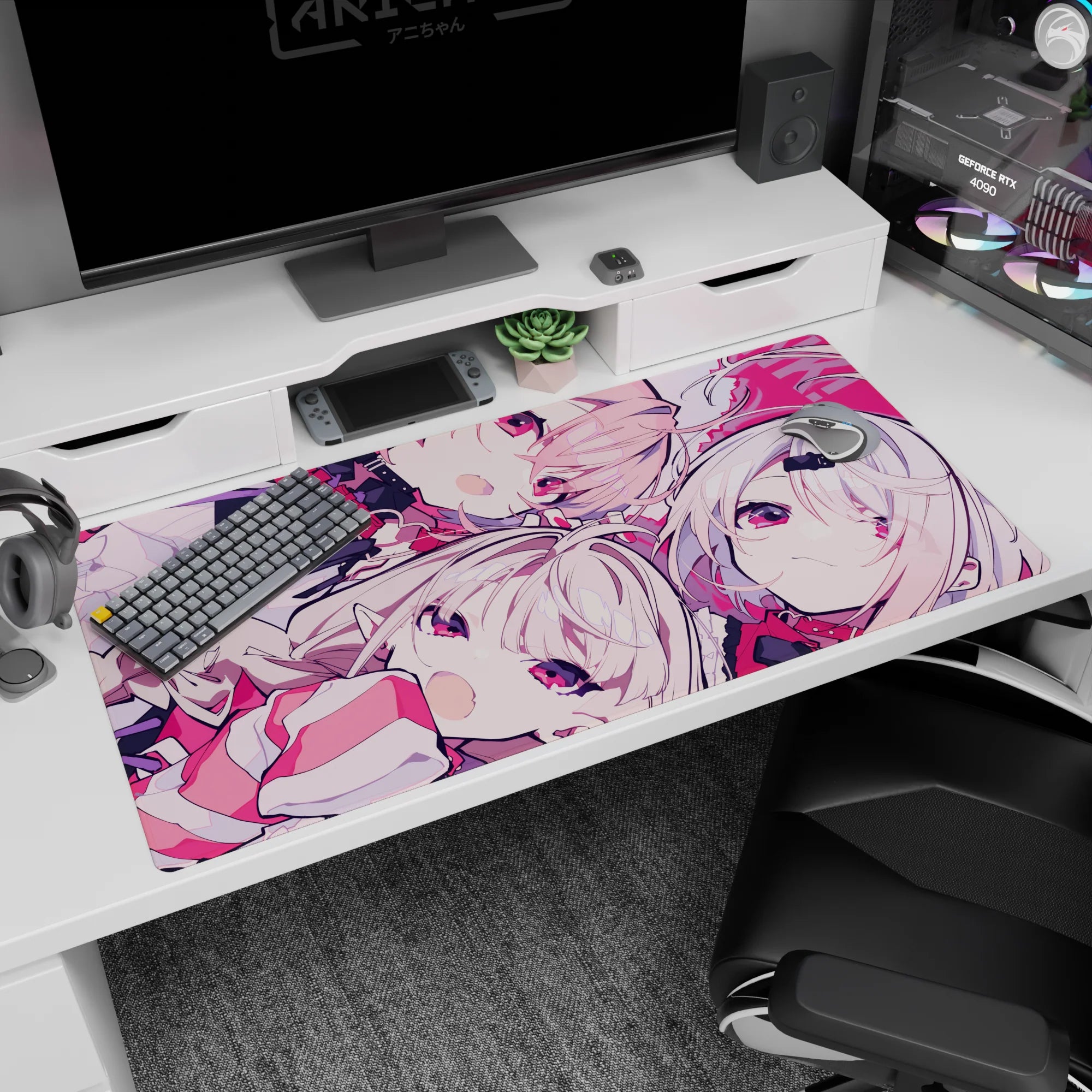40x20 inches anime desk pad showing two cute girls with pale hair, ruby eyes, and ribbon accents.